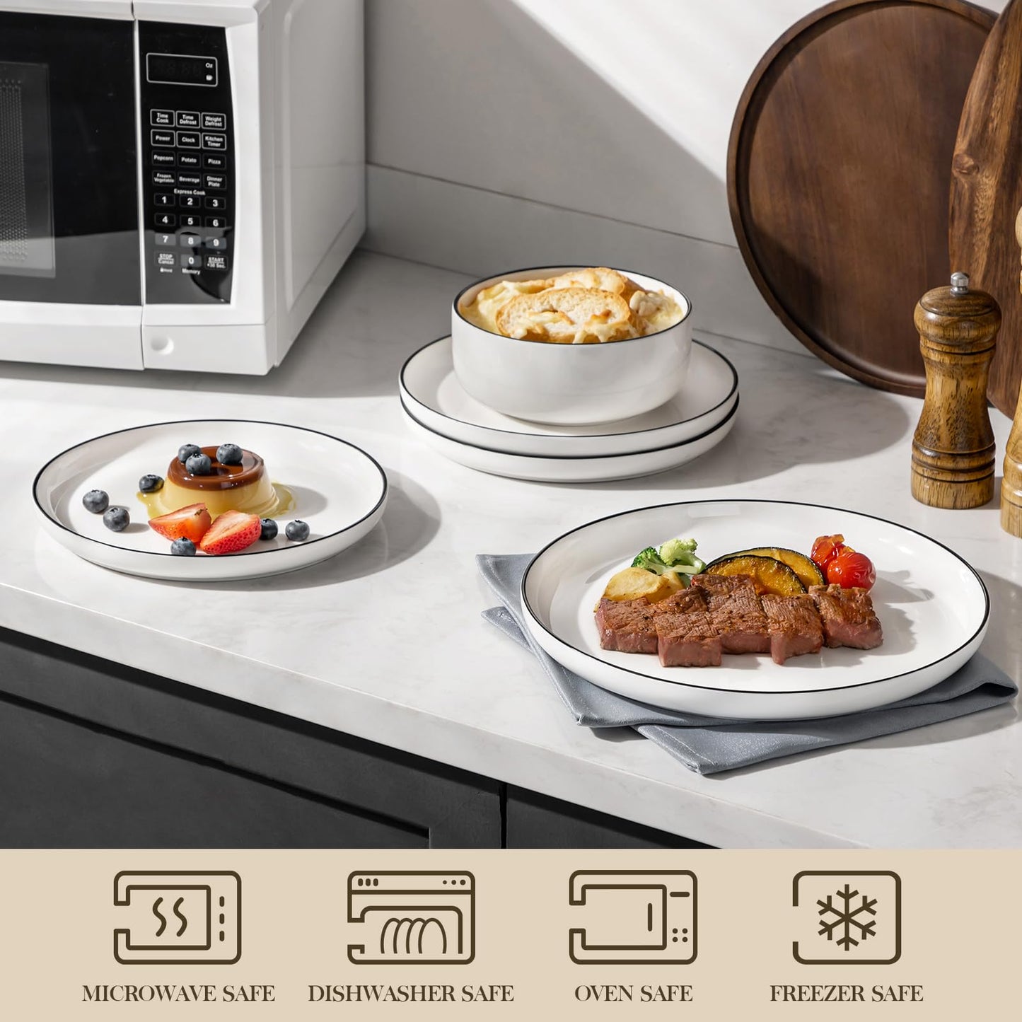 MALACASA Geschirrset 6 Personen, LUNA 24-tlg Tafelservice aus Weißem Porzellan, Modernes Geschirr Set mit je 6 Speiseteller, Dessertteller, Suppenteller und Müslischalen