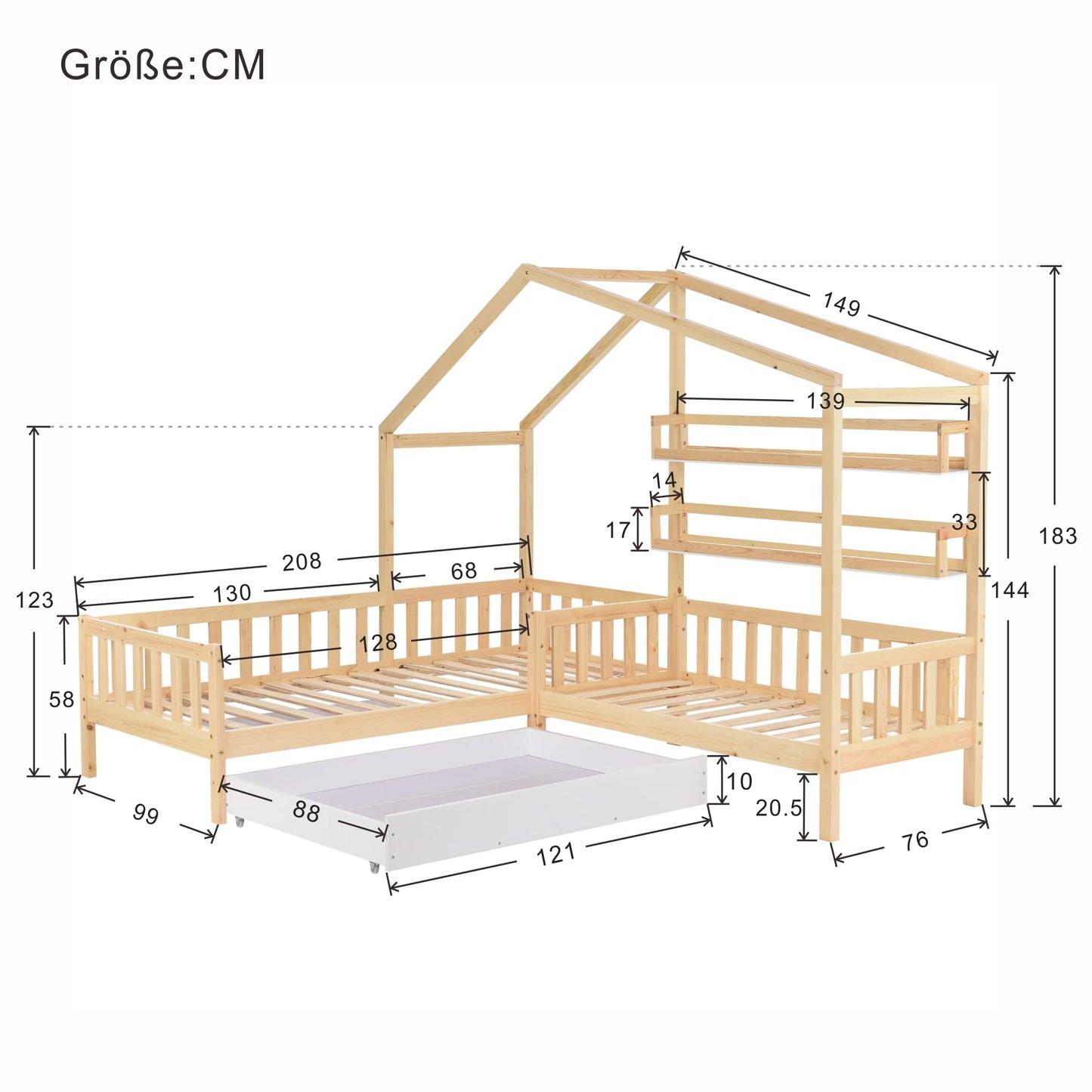 Merax Hausbett 90x200 cm mit 2 Schubladen, für 2 Kinder Doppelbett, Vielseitiges Holz Baumhausbett für Mädchen & Jungen, Stabil Spielbett Gitterbett mit Rausfallschutz und Lattenrost, Weiß