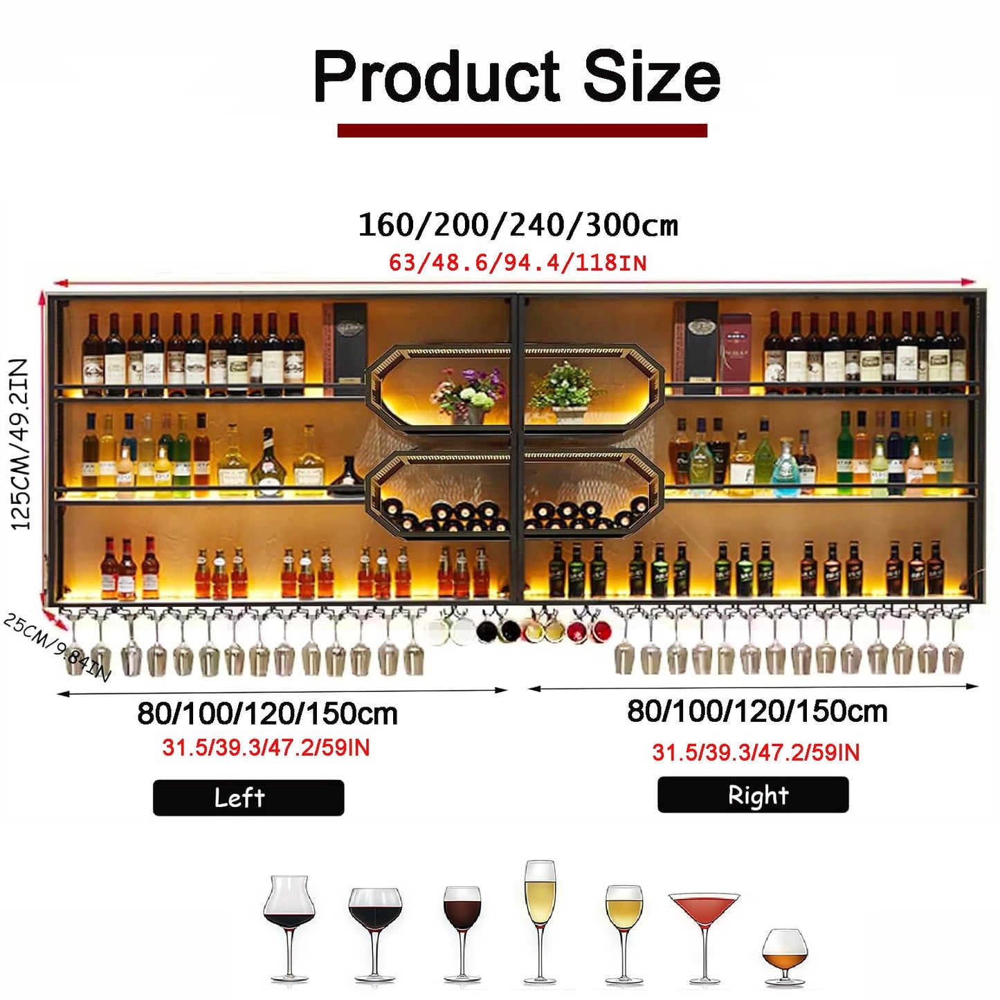 FKKPRVAX Wandmontiertes Weinregal mit LED Glashalter, 4 stöckiges Metall Wandmontage Wine Display Ständer, Wand Flaschenregal für Bar-Einheiten, Restaurants und Zuhause (240×125×25cm)