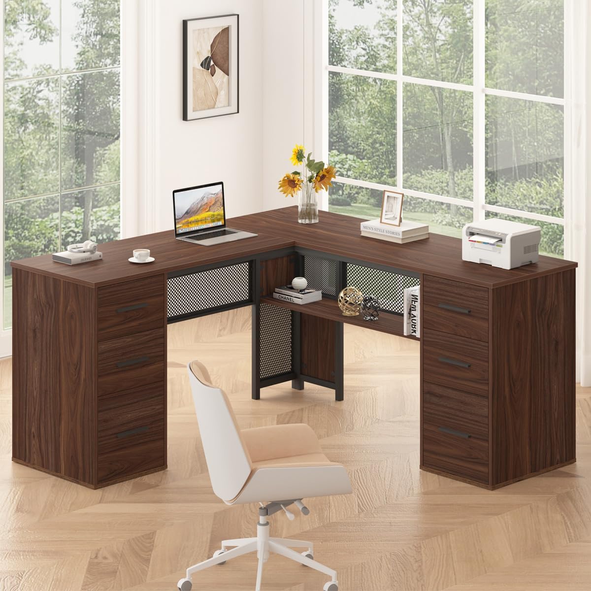 HSH - Black L Shape Corner Desk with Filing Drawers and Shelves, Reversible Corner Desk Made of Metal and Wood with Storage Cabinets