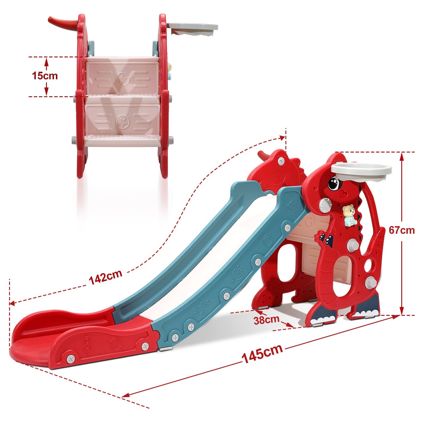 Joparri Children's Slide Foldable Children's Slide Stable Garden Slide with Basketball Hoop and Armrests, Children's Fun Slide with English Early Education Device, Indoor and Outdoor Toddler Slide,