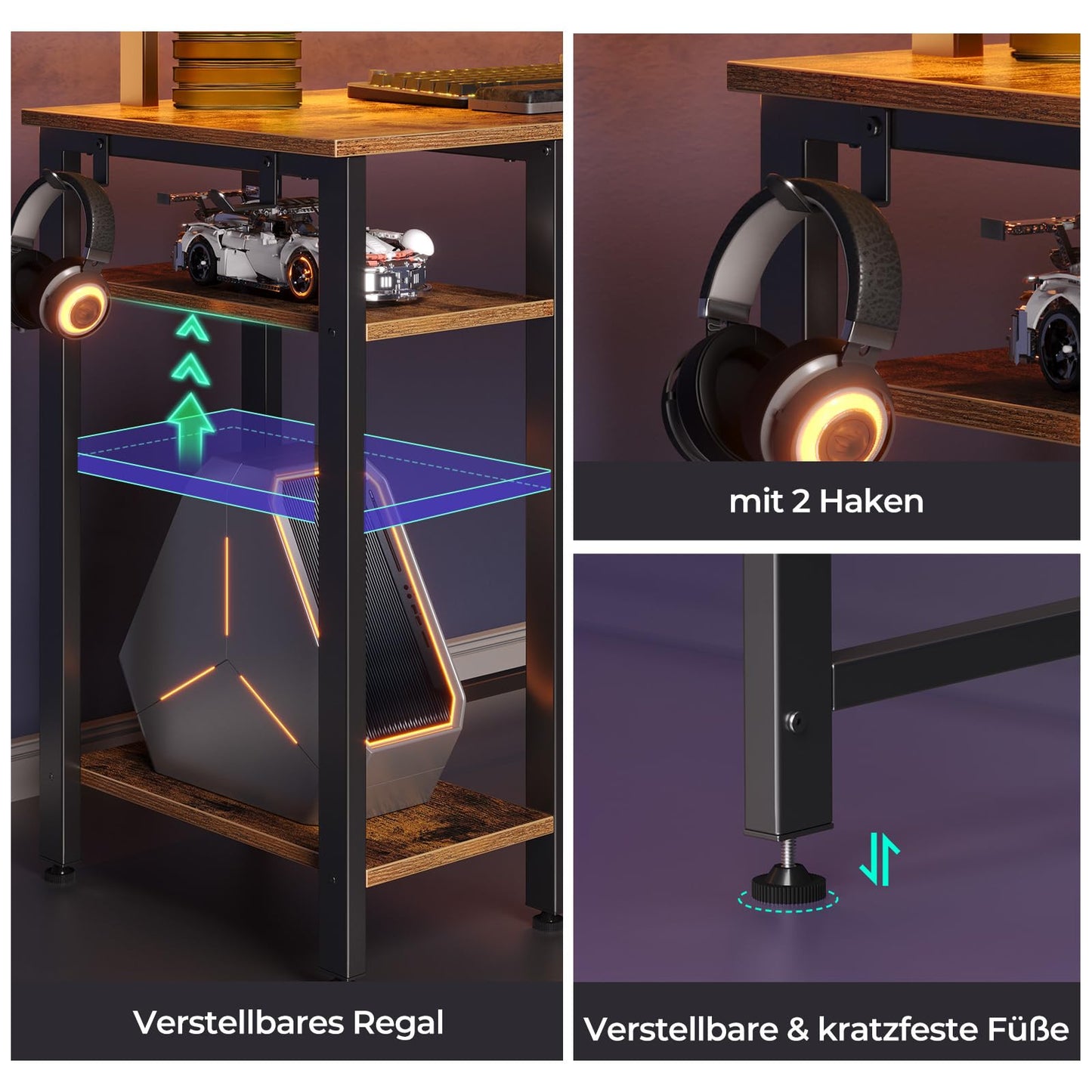 Rolanstar Schreibtisch L Form mit LED & Steckdosen, 117 cm Computertisch mit Monitorständer & Ablagefläche, Reversibler Eckschreibtisch mit 2 Haken, perfekt für Arbeitszimmer Schlafzimmer Büro
