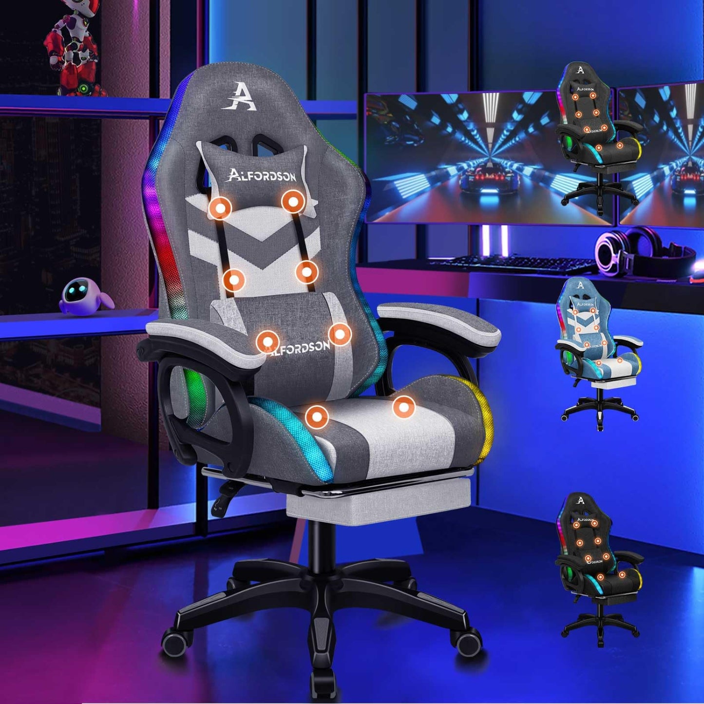 ALFORDSON Gaming Stuhl mit 8-Punkt Massage 12 Farben RGB LED-Licht, Bürostuhl Ergonomisch mit fußstützen, Kopfstütze Lendenkissen für Kinder Erwachsene, Schwarz