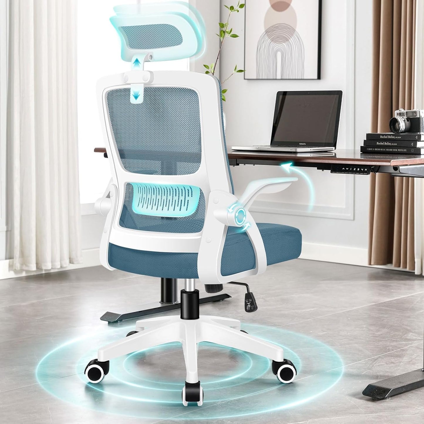 ALFORDSON Ergonomic Office Desk Chair, Computer Chair with Dynamic Lumbar Support, Tilting Swivel Chair with Flip Up Armrest, Black