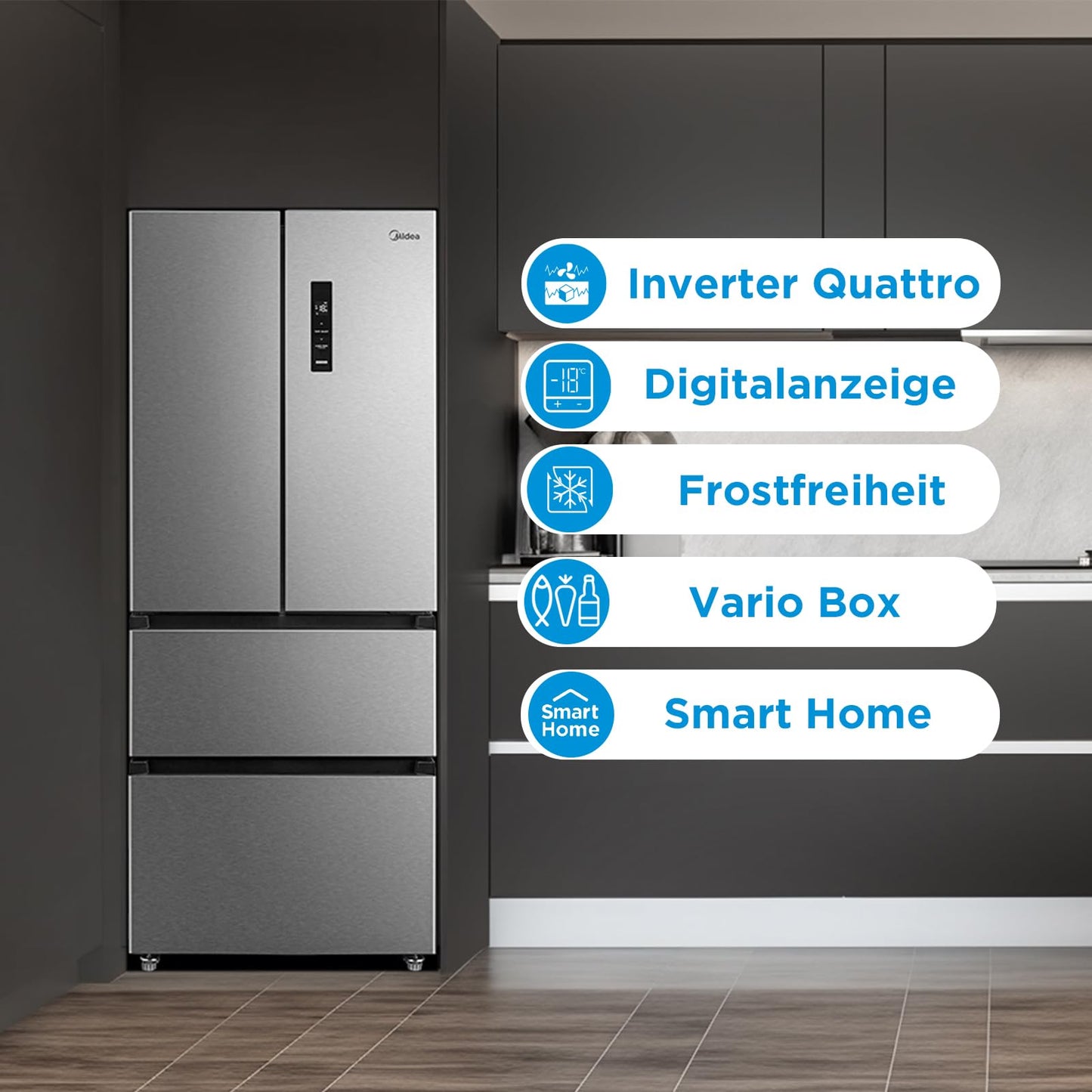 Midea MDRF632FIE28 Multi Door Fridge/Freezer Combination / 177.5 cm Height / 83.3 cm Width / 65.3 cm Depth / NoFrost / 295 kWh per Year / 305 L Fridge Capacity / 169 L Freezer Capacity / Plasma Pure /