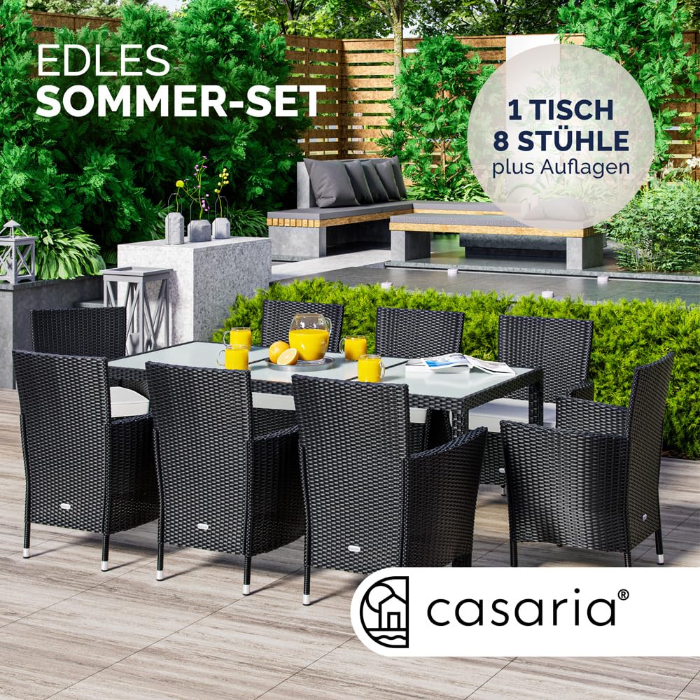Casaria® Gartenmöbel Set 8 Personen Stühle inkl. 7cm Polster & Abdeckung Tisch 190x90cm 160kg Belastbar Wetterfest Polyrattan Stapelbar Terrasse Möbel Grau