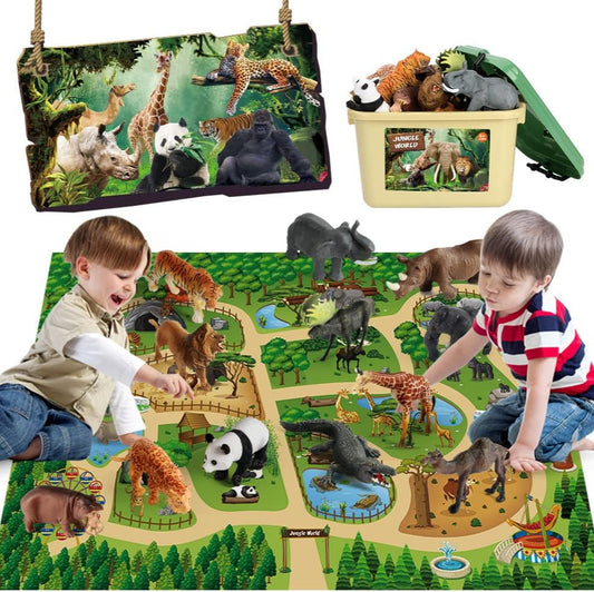 Mini Tudou 12 Stücke Safari Tiere Spielzeug Tierfiguren mit 145x98cm Aktivität Spielmatte,Realistischte Wildtier Figuren mit Löwe,Panda,Tiger,Nilpferd,Giraffe,Elefant für Kinder Jungen&Mädchen