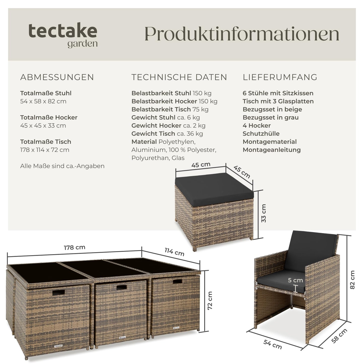 tectake Polyrattan Gartenmöbel Set, Sitzgruppe mit 6 Stühle +1 Glasplatte Tisch + 4 Hocker, Gartenlounge Set klappbar, für bis zu 10 Personen, Balkon Möbel, inkl. 2 Bezugsset - Natur