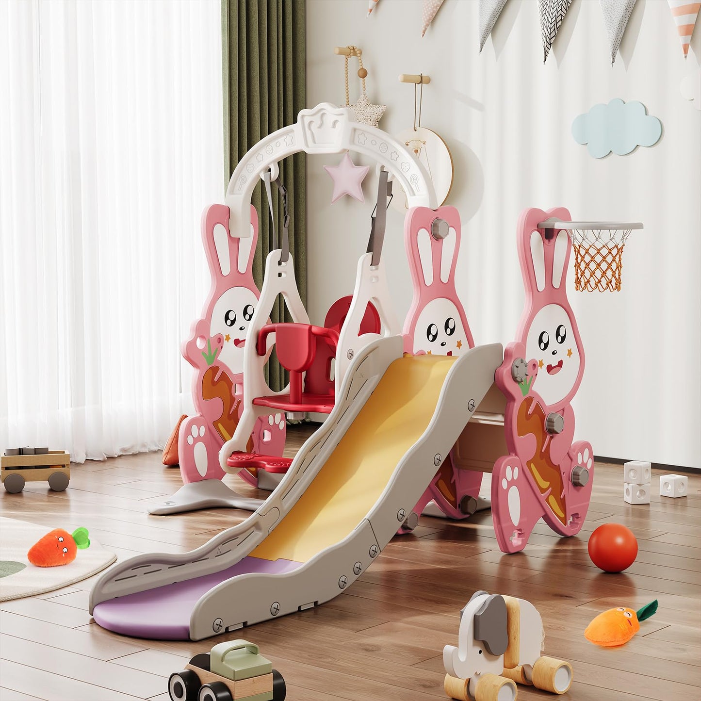 DADEA 6 in 1 Kinderrutsche mit Korb, Rutsche und Schaukel für Kinder im Freien Grün, 150 × 150 × 115 cm, Babyschaukel und Rutsche für Kinder zu Hause Schaukel Kinderrutsche, Grün