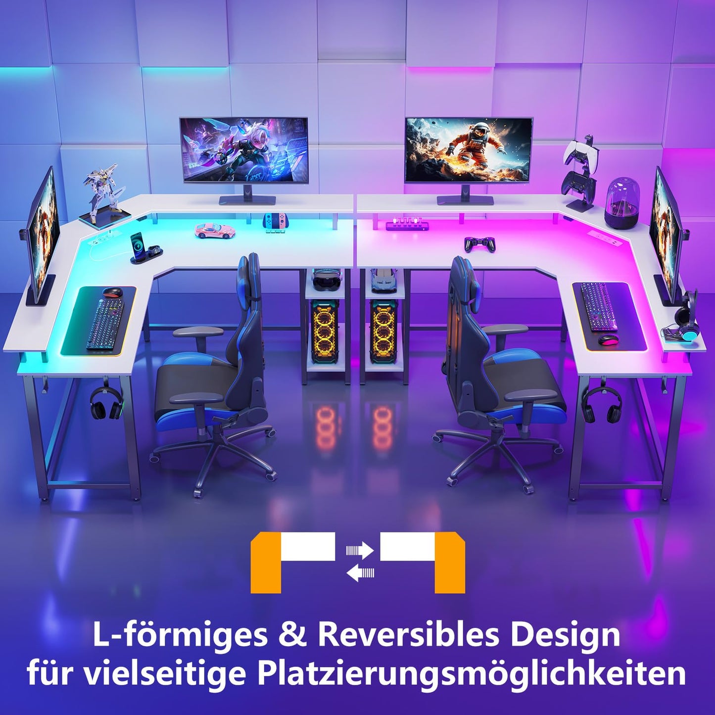 Rolanstar Schreibtisch L Form mit LED & Steckdosen, 117 cm Computertisch mit Monitorständer & Ablagefläche, Reversibler Eckschreibtisch mit 2 Haken, perfekt für Arbeitszimmer Schlafzimmer Büro