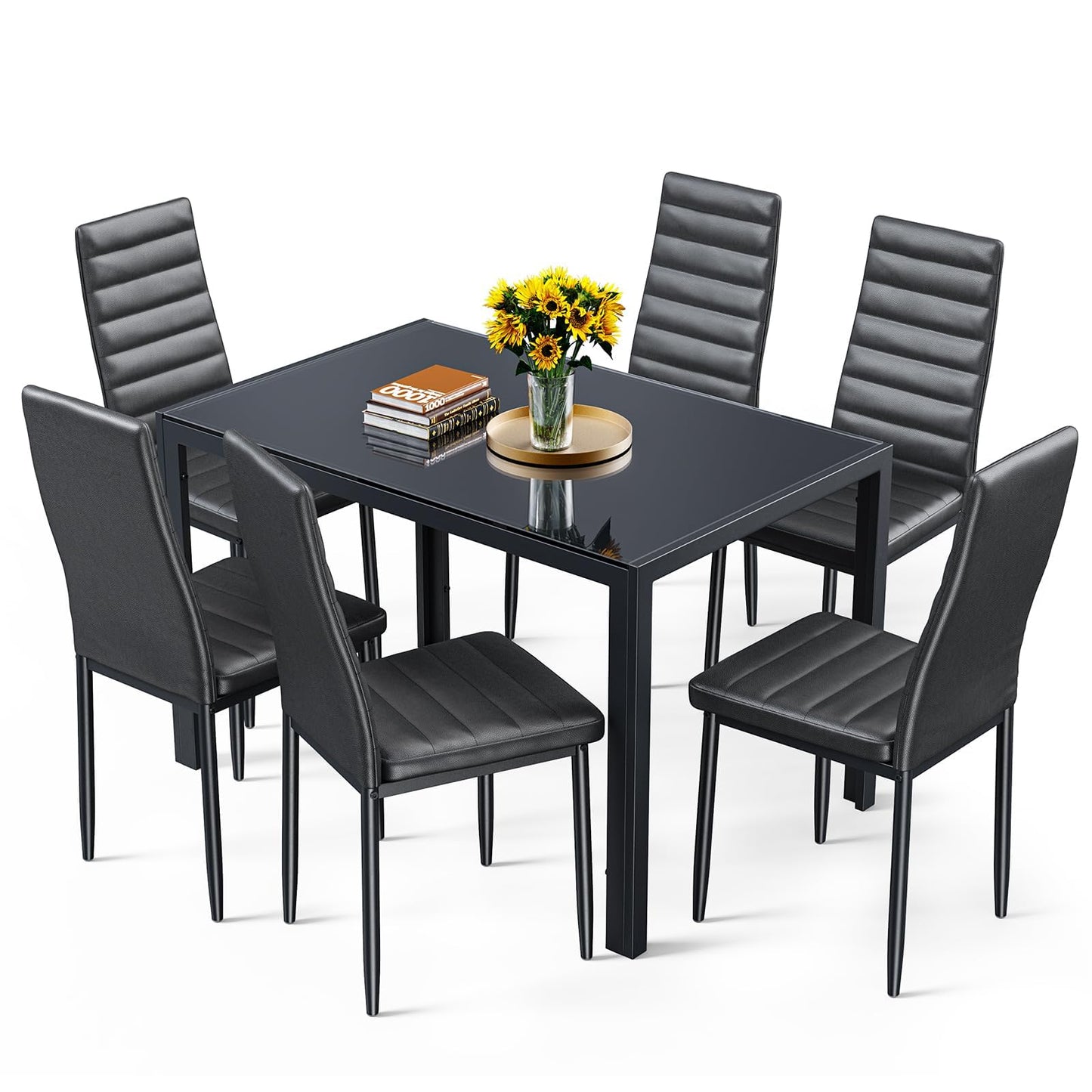 Bealife Dining Table with 4 Chairs Set, Dining Table and Chairs for 4 People, Dining Room 6 Chairs and Table, Set with Dining Table and Chairs for Kitchen, Dining Room and Living Room (Black, 4