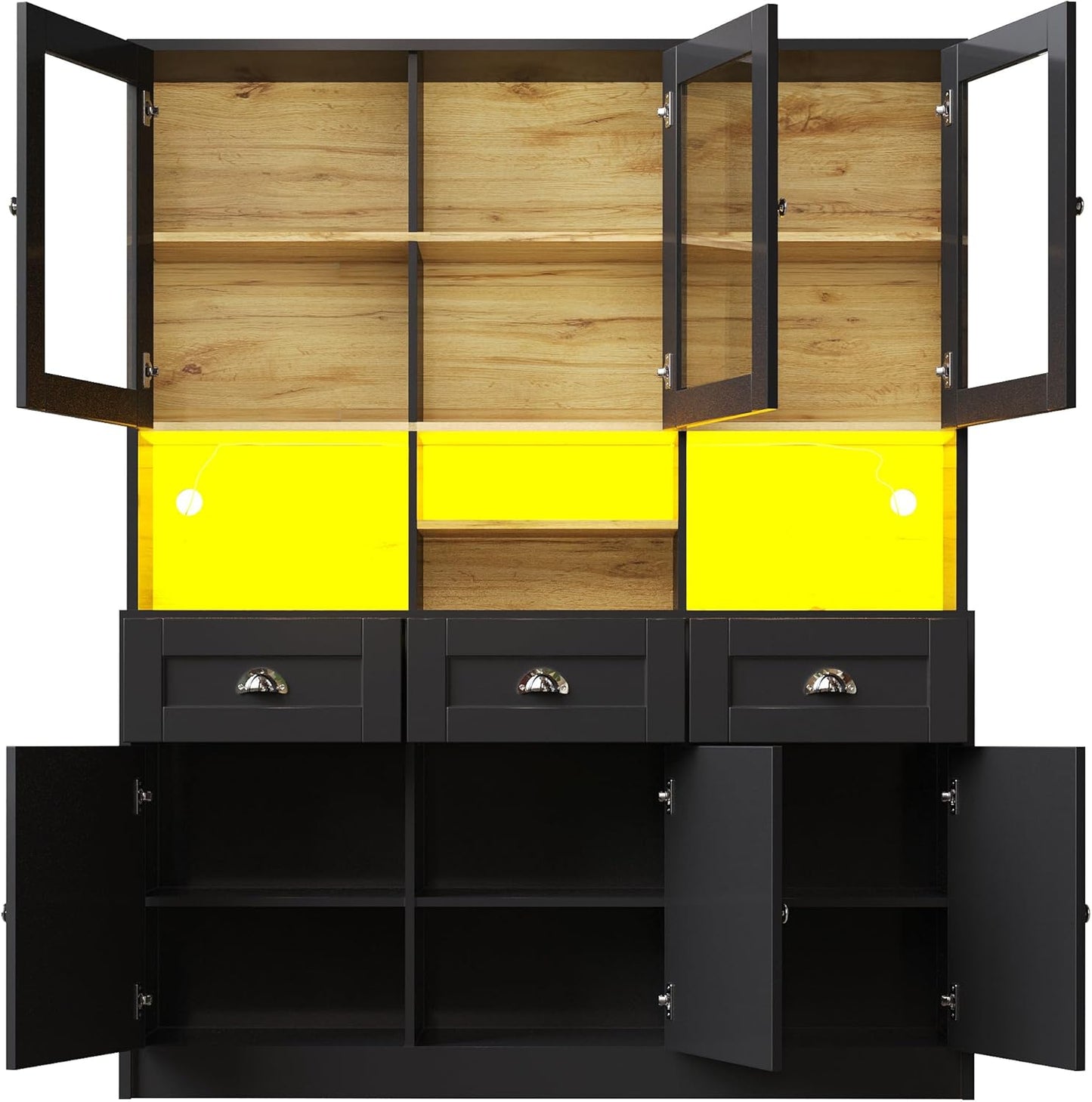 Dolamaní Kitchen Cabinet Buffet Cabinet 140 x 40 x 175 cm with LED More Storage Space for Kitchen, Buffet with Worktop & Adjustable Shelf, Display Cabinet with 3 Drawers with 6 Doors (Black)