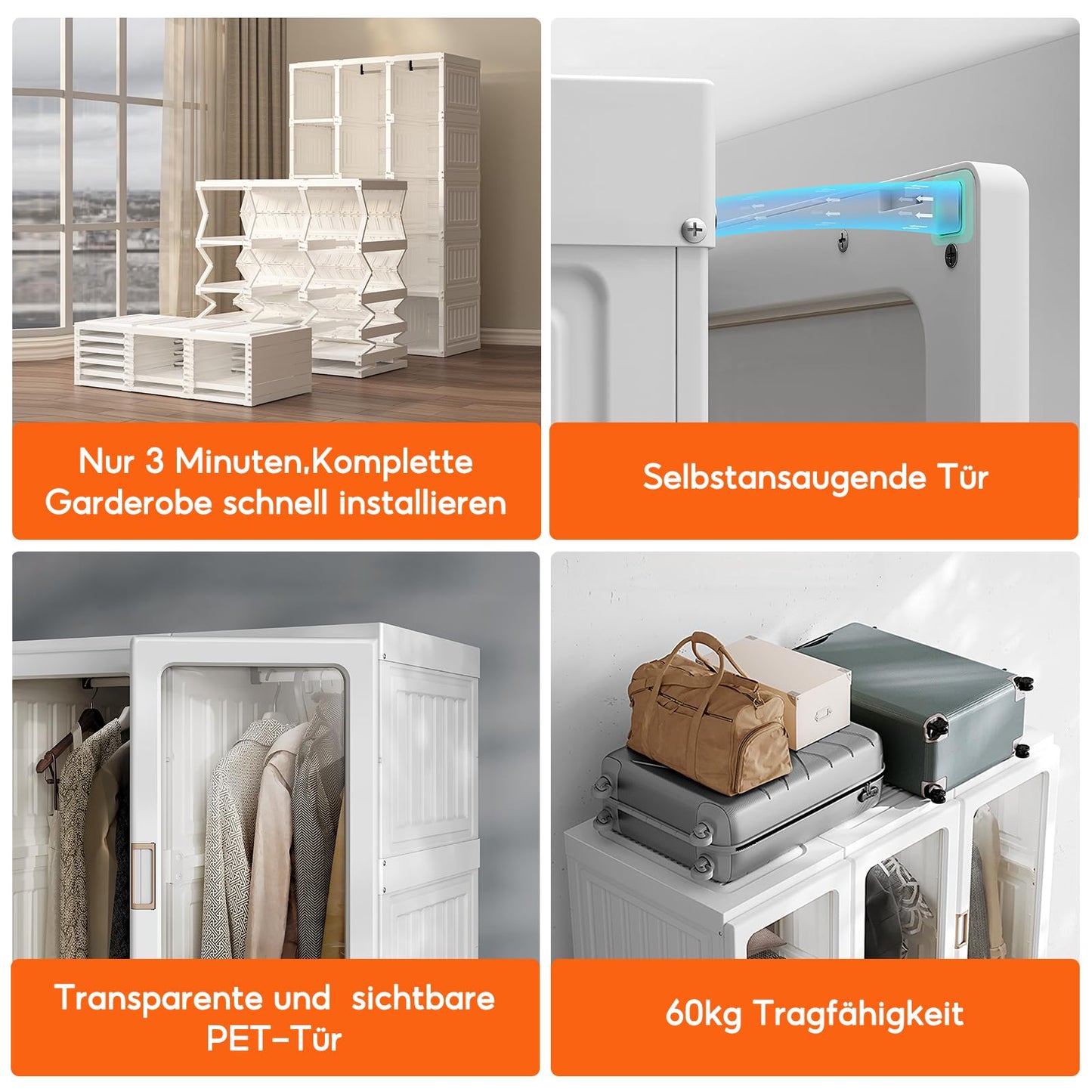 MAYIBOX Foldable Wardrobe, 104 x 170 x 50 cm, Quick Assembly, Versatile Wardrobe with Clothes Rail and Magnetic Doors, Perfect for Bedroom and Living Room, Brown Transparent Door Plate