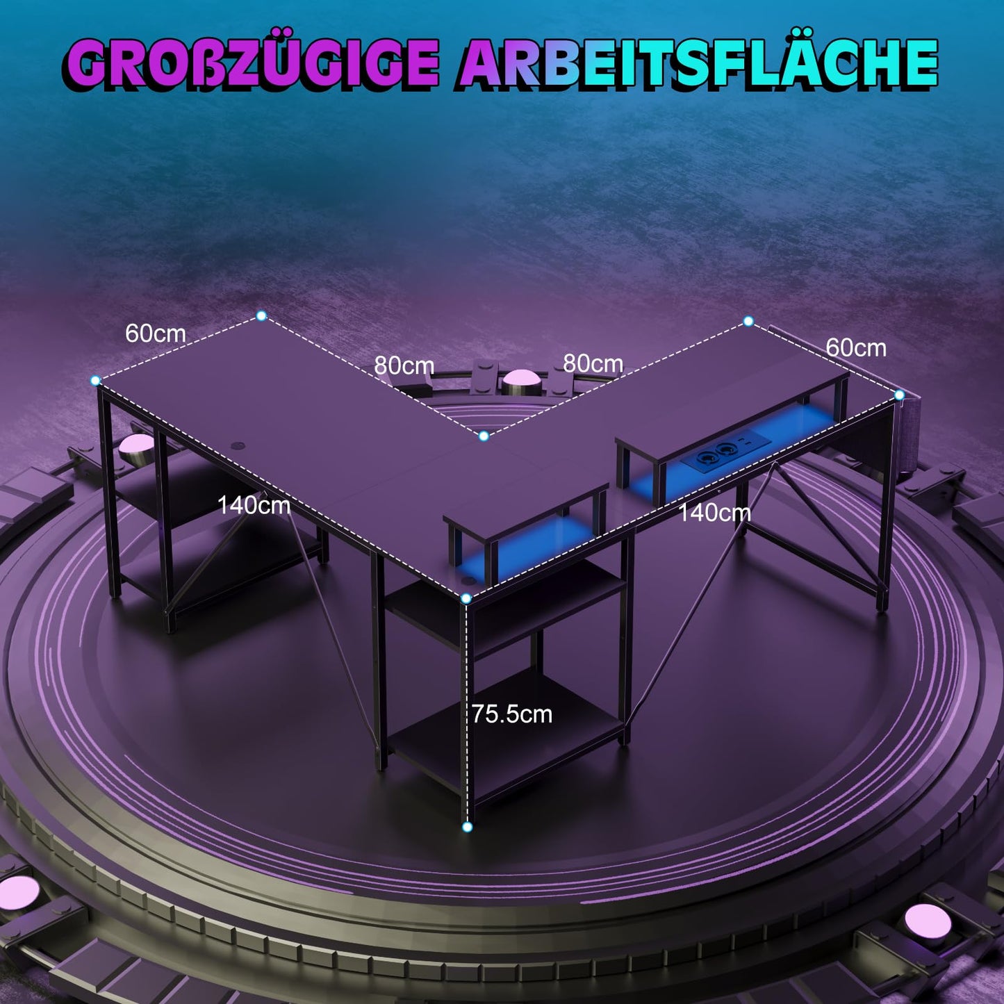 Flamaker Gaming Tisch l Form 140x140 cm - Eckschreibtisch mit RGB LED, Monitorständer & Ablagefach | 2 Steckdosen + 2 USB-Anschlüsse (Weiß)