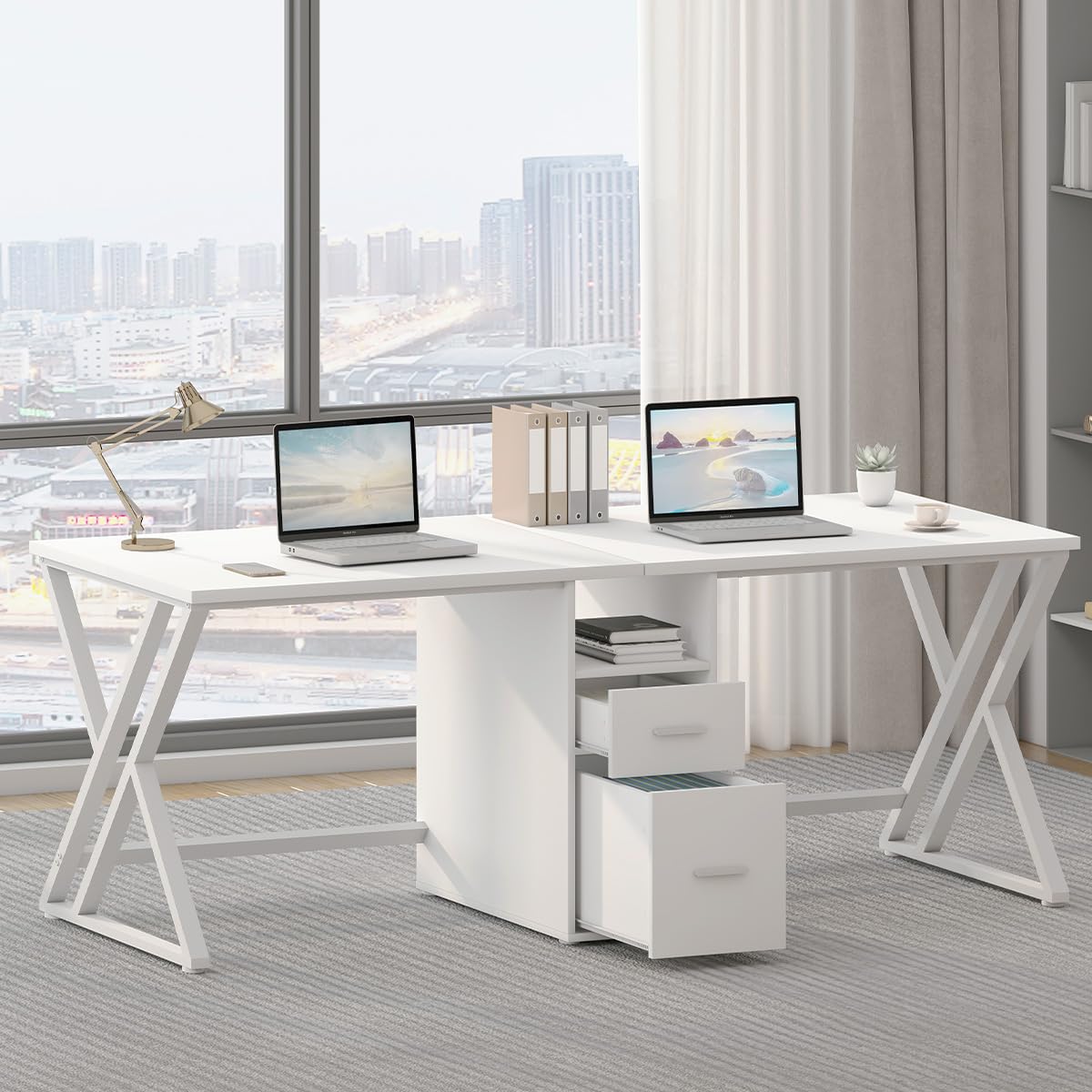 LVB Schwarz Large Double Industrial Computer-Schreibtisch mit Schubladen, Extra Lange Gaming-Tabelle mit Lagerung Schrank Regale, Holz-Metall-Computer-Schreibtisch