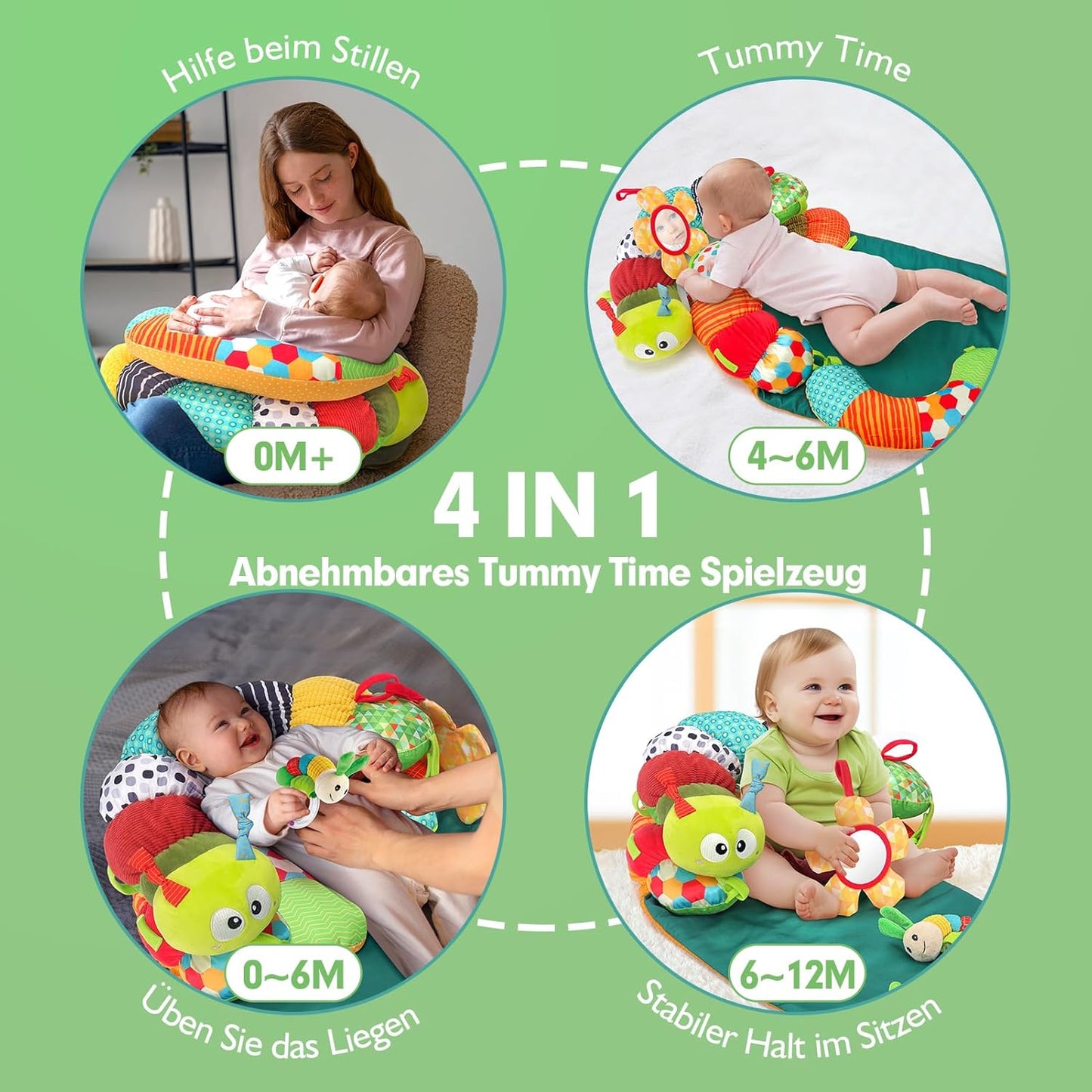 hahaland Baby Toy 3 6 9 12 Months, 3-in-1 Removable Caterpillar for Baby Prone Position Help Sit Support, Tummy Time Toys Play Cushion with Rattle, Teething Ring, Mirror for Baby Toys from 0-6-12