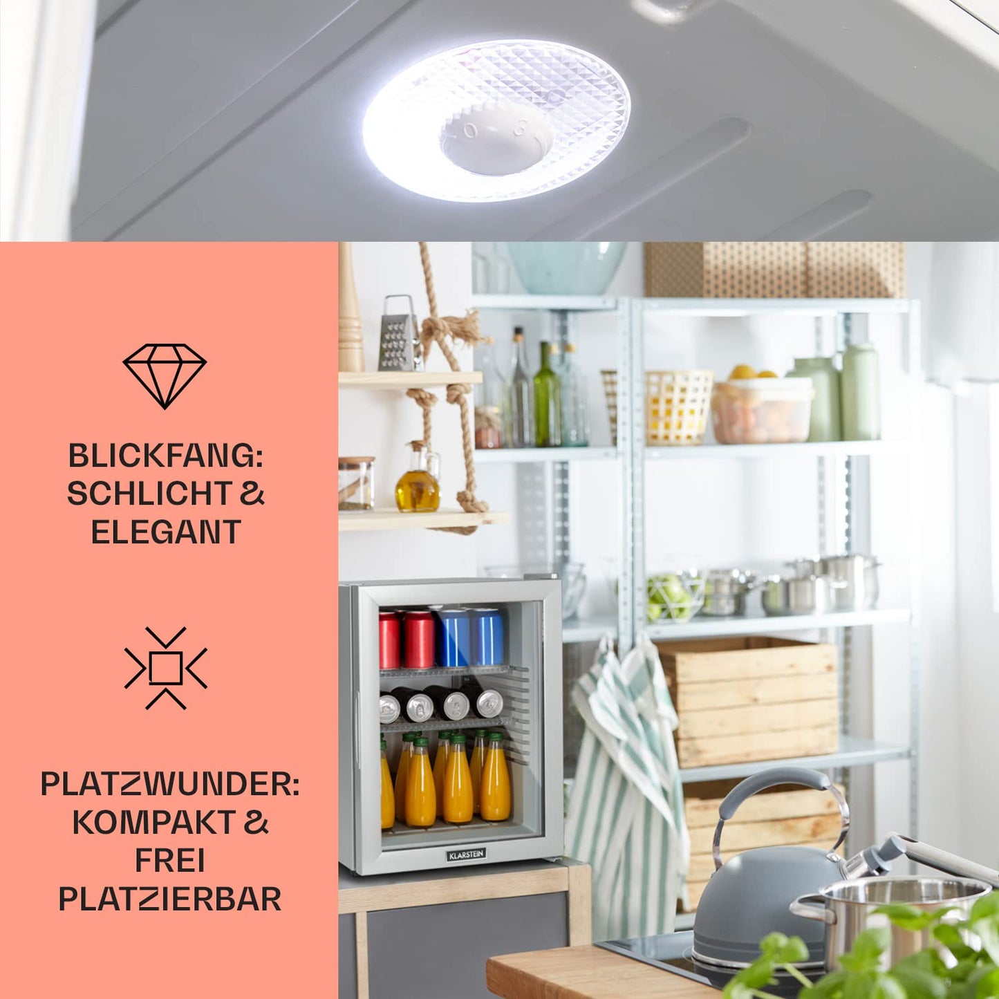 Klarstein Kühlschrank, Mini Kühlschrank mit Glastüre, Mini-Kühlschrank für Getränke, Snacks & Kosmetik, Kühlschrank Klein & Leise, Verstellbare Ablagen, Kleiner Skincare Kühlschrank 12-18°C, 23L