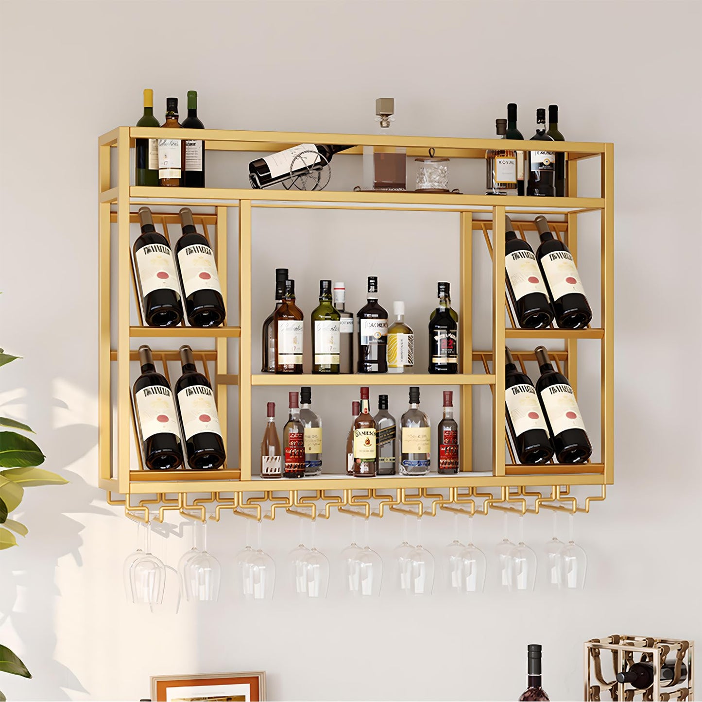 amhricho Wandweinregal Metall, Industrielles Wandmontierte Weinregal mit Glashalter, Schwebendes Regal für Bareinheiten, für Zuhause, Restaurant, Bar (Black, 80 * 25 * 70CM)