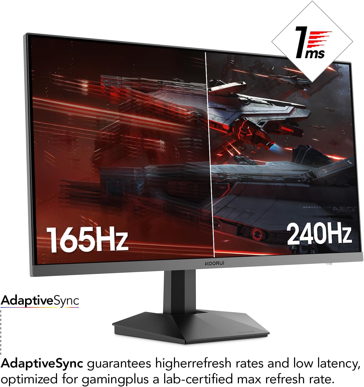 KOORUI Gaming Monitor 27 Zoll, PC Bildschirm 240Hz, FHD, 1ms, Adaptive Sync (1920 x 1080p, DCI-P3 90%, SRGB 100%, HDMI, DisplayPort, VESA 75x75)