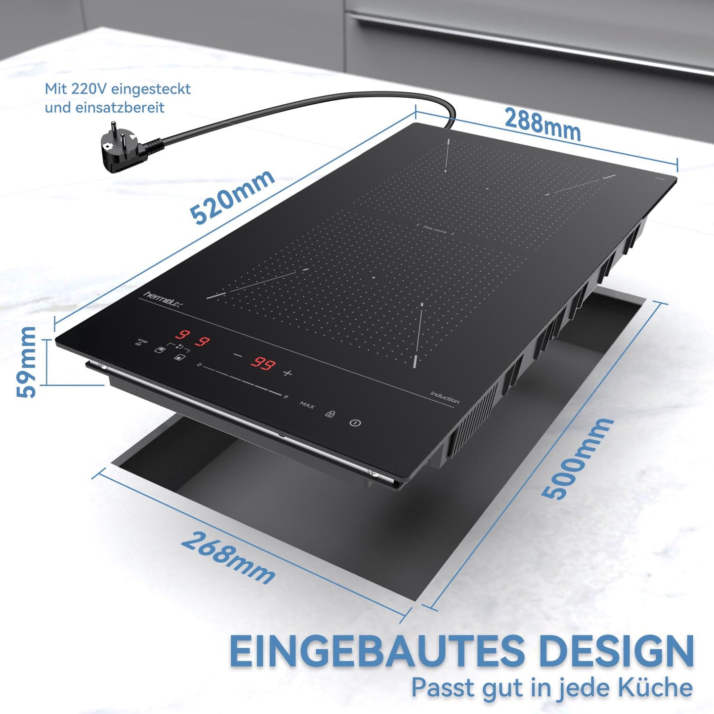 Hermitlux kochfeld 28,8cm, Glaskeramik Kochfeld 2 Platten, 9 Leistungsstufen, Touch-Steuerung, Timer, Kindersicherung, Geeignet für Alle Töpfe, 3300W