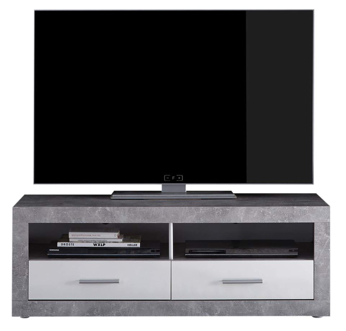 STONE Wohnwand Komplett-Set in Beton Optik, Weiß - Moderne Schrankwand für Ihr Wohnzimmer - 304 x 194 x 48 cm (B/H/T)