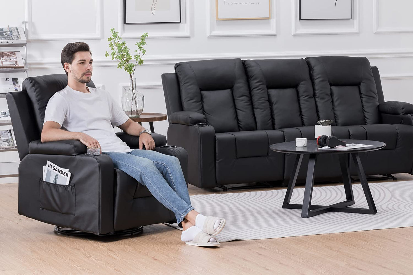 COMHOMA Relaxsessel-Set, Sofa, Sofa-Set aus Kunstleder, Fernsehsessel Ruhesessel Liegesessel mit Liege-Funktion Polstersessel Schlafsessel für Wohnzimmer Schlafzimmer Heimkino,Schwarz, 3+2+1