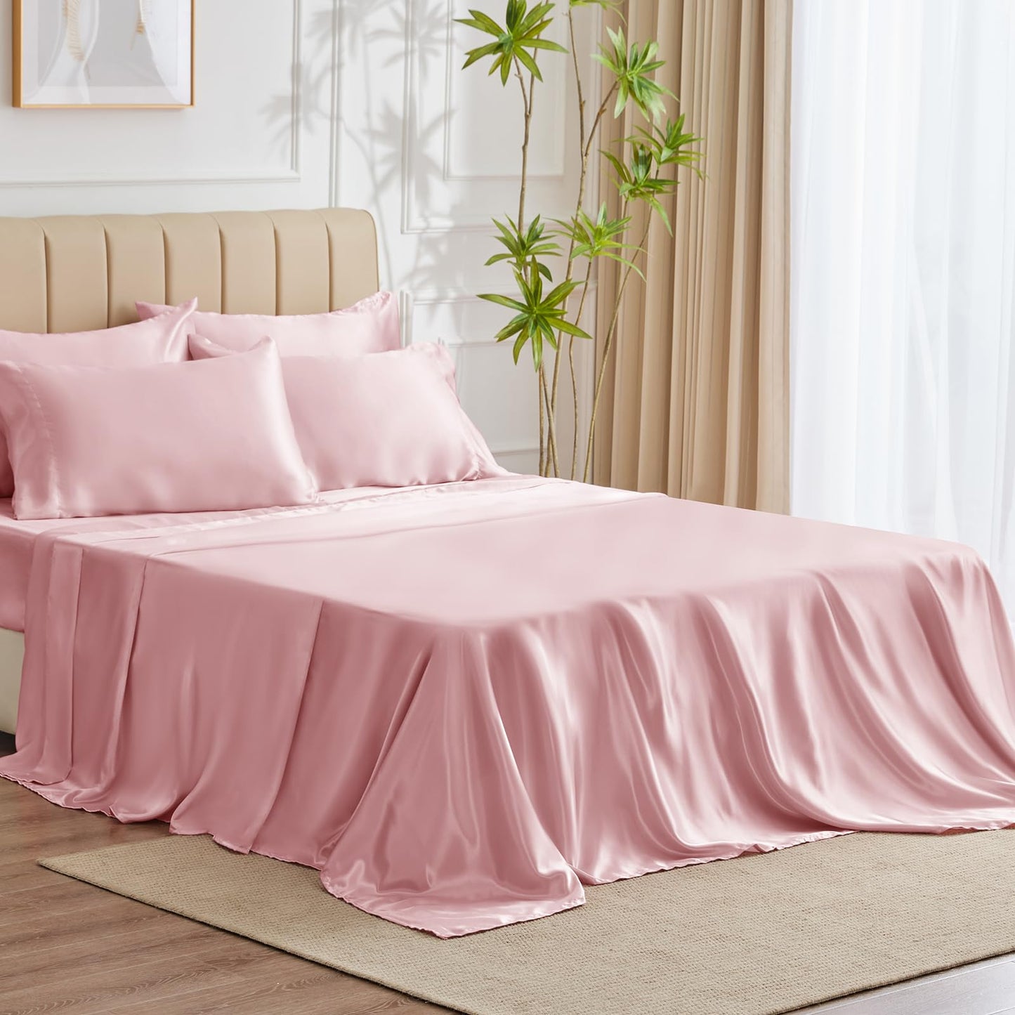 CozyLux Satin Sheets Queen Size - 4 Piece Black Bed Sheet Set with Silky Microfiber, 1 Deep Pocket Fitted Sheet, 1 Flat Sheet, and 2 Pillowcases - Smooth and Soft