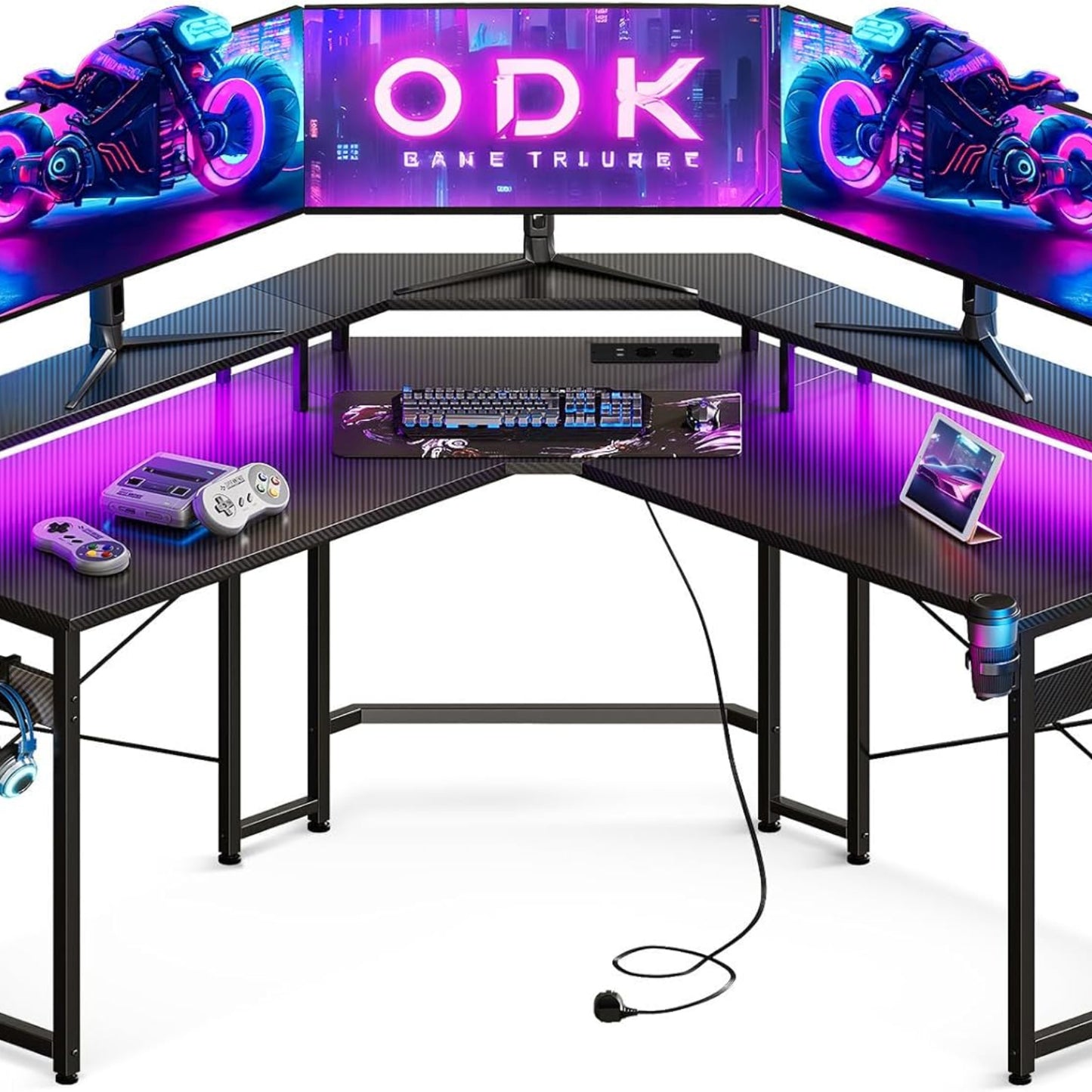 ODK Gaming Tisch mit LED, Gaming Schreibtisch mit 2 Steckdosen und 2 USB Ladeanschluss, PC Tisch Gaming mit großzügiger Monitorablage, Gamer Schreibtisch in Kohlefaser Weiß, 129x129 cm