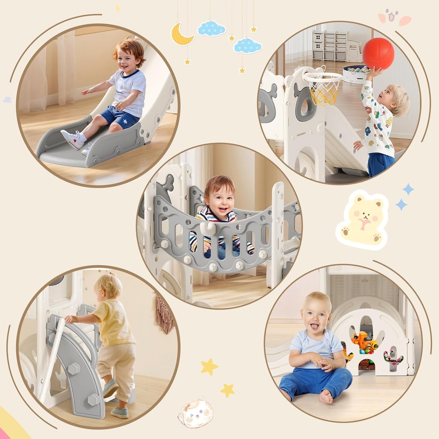 Children's Slide, Large Toddler Slide with Basketball Hoop, Climbing Frame for the Garden, Telescope, Storage Space, for 1-3 Years, Extra Long 1700 mm (7-in-1 Elk Slide Active Model (Khaki)))