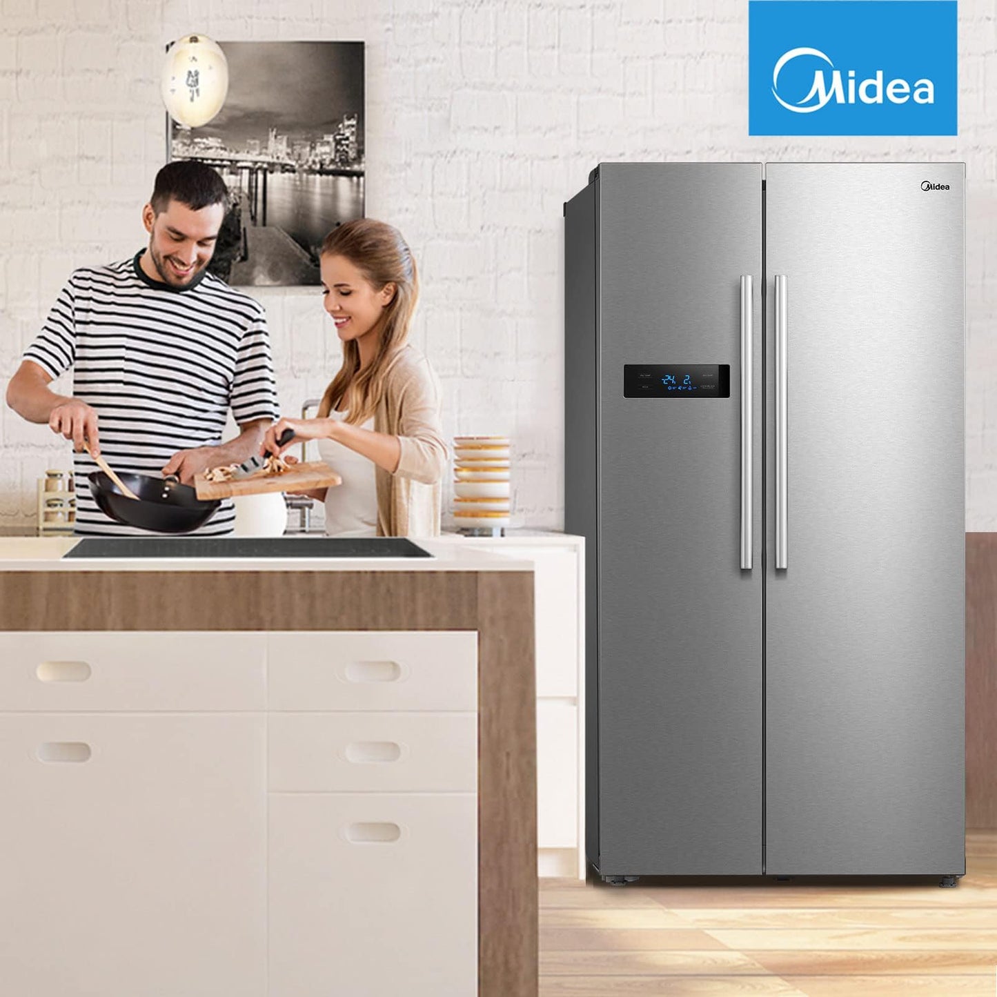 Midea KS-DDX 6.32 WT Side-by-Side Kühl-/Gefrierkombination/ 178,8 cm Höhe/ 254 kWh/Jahr/No Frost/Dual Inverter Compressor/mit 3in1 Wasser-/Eisspender und Wassertank, Dark Inox