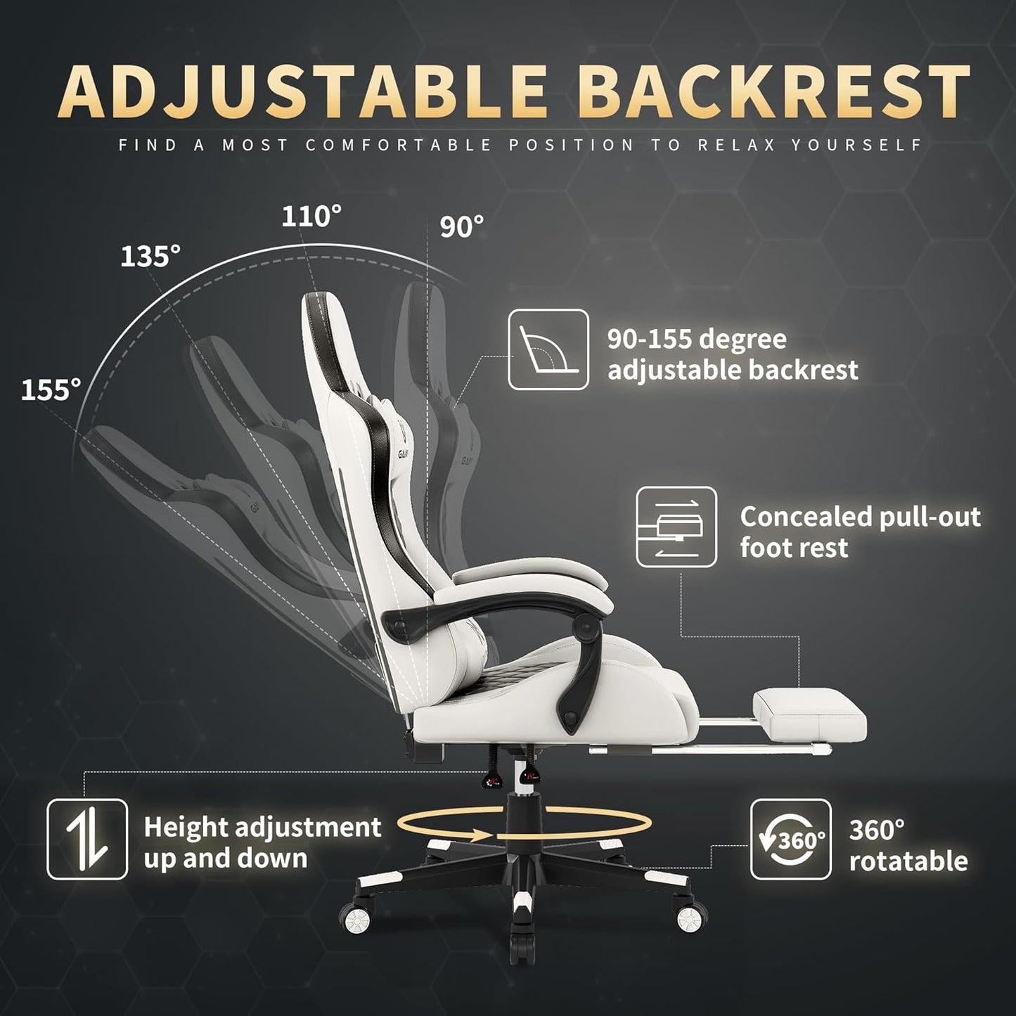 Gaming Chair, Ergonomic Office Chair, PC Chair, Gaming Chair, Lumbar Cushion and Footrest, PU Leather Gamer Chair, Adjustable Backrest from 90-155°, Height Adjustable 360° Swivel Chair (Pink)