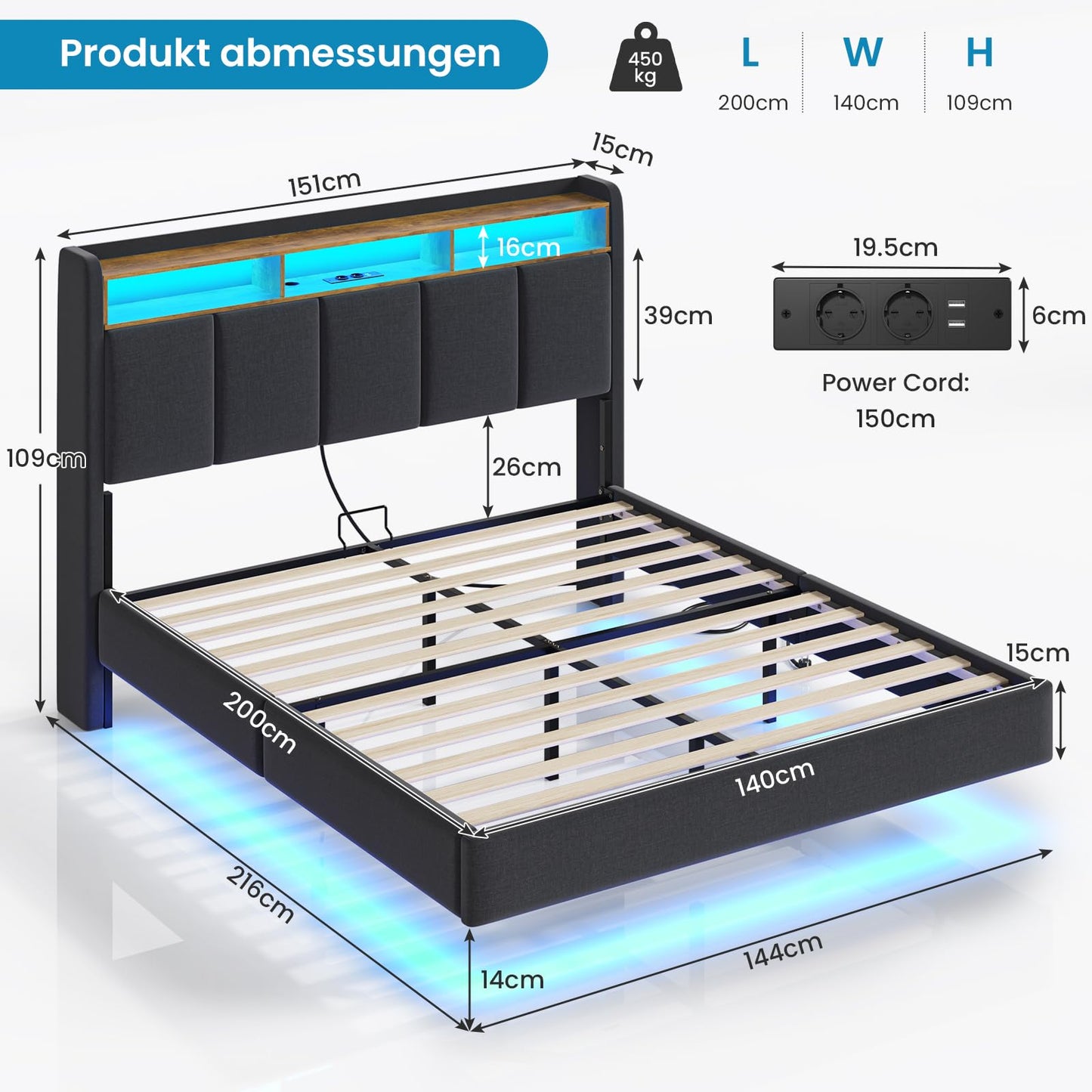 Brinlawb Upholstered Bed 140 x 200 cm Floating Bed with LED Lighting, Headboard and Charging Station (2 AC Sockets, 2 USB Ports), Bed 140 x 200 cm with Storage Space, Modern Double Bed with Slatted