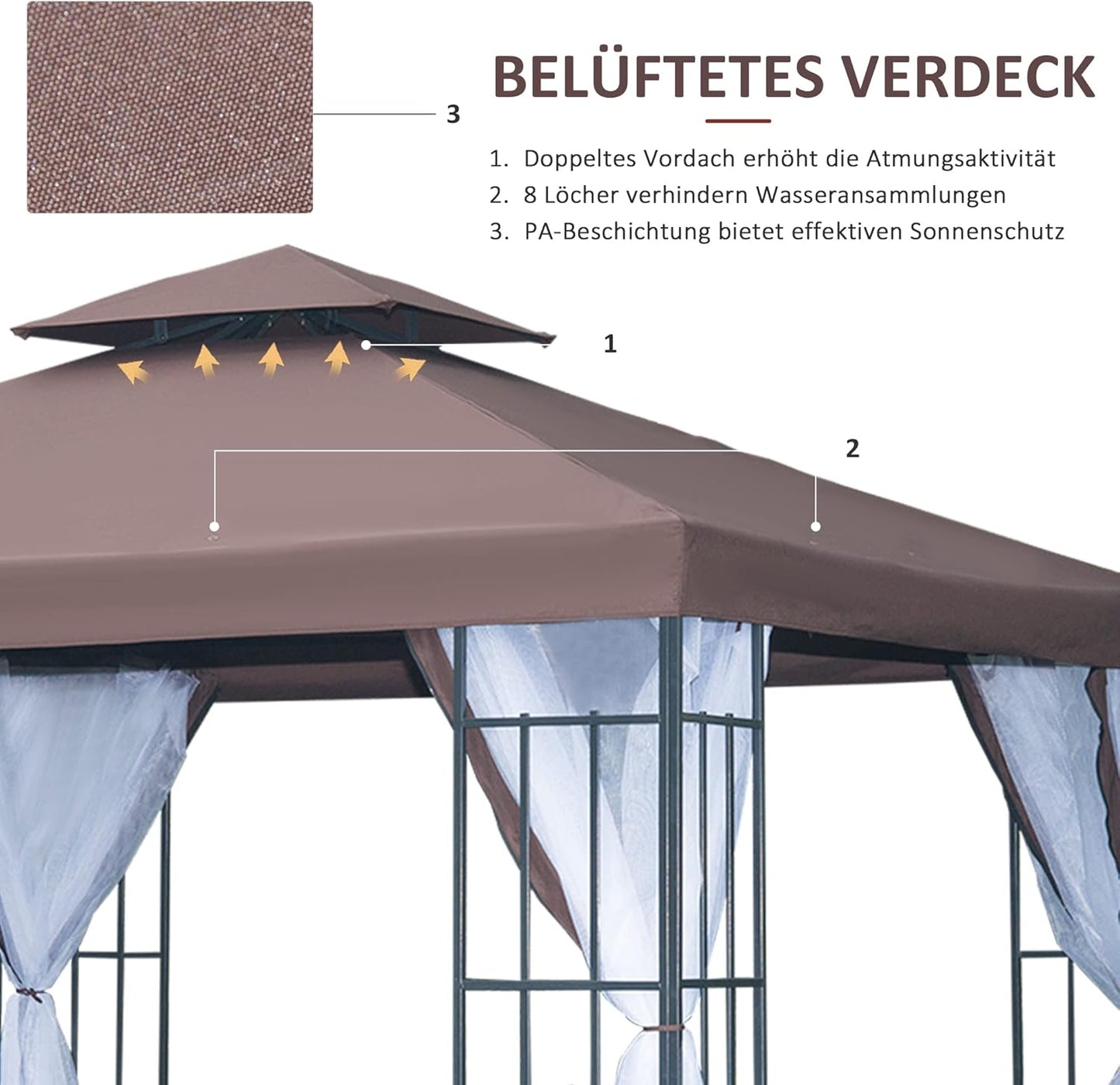 Outsunny Pavillon Gartenpavillon mit Moskitonetze Seitenwände, Partyzelt mit Doppeldach, Gartenzelt Festzelt 2,97x2,97m