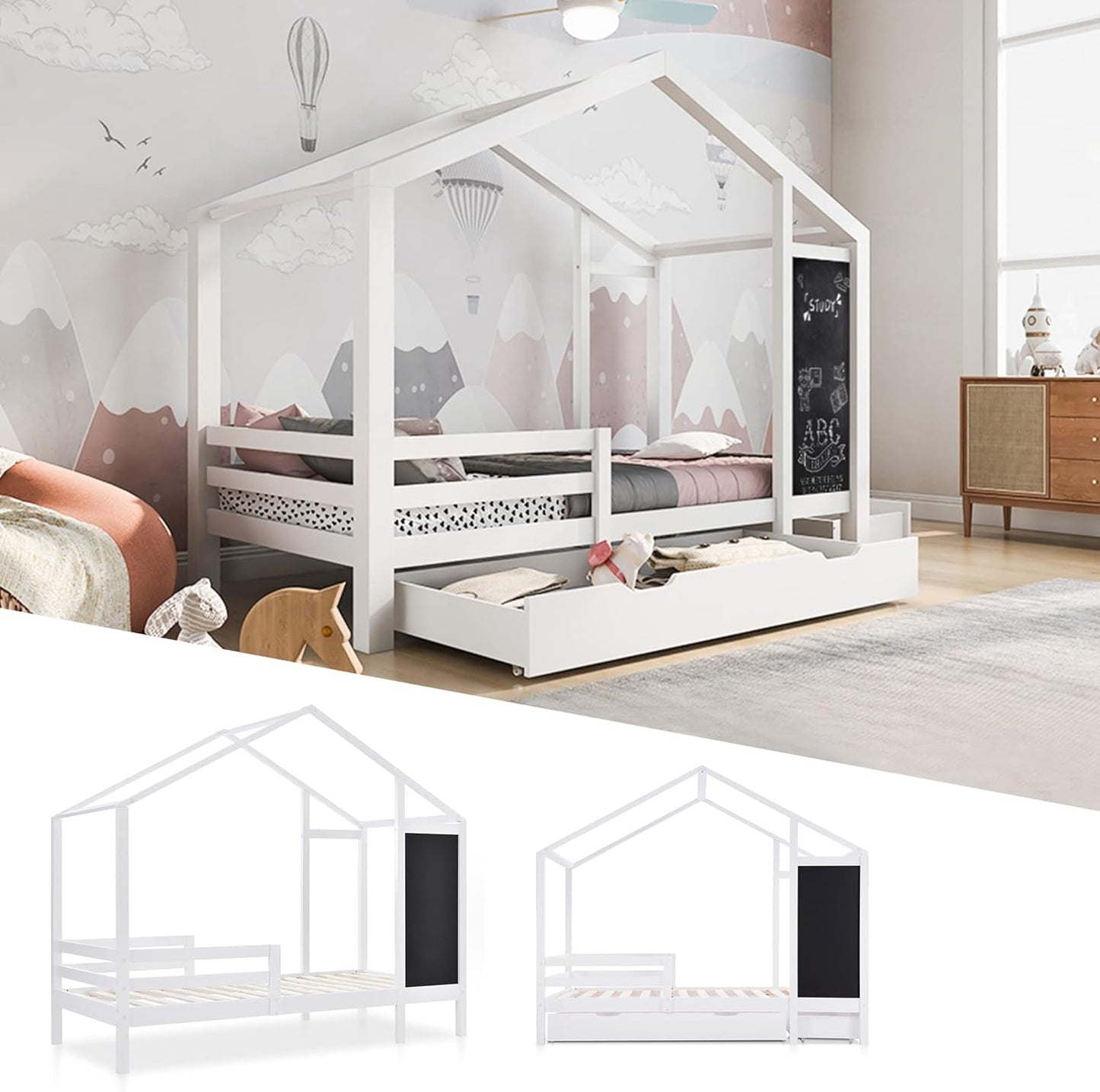 Merax Children's Bed 90 x 200 cm with Fall Protection, Children's House Bed with Drawers and Storage Shelf, Sturdy Wooden Tree House Bed with Slatted Frame, Play Bed for Boys and Girls, White