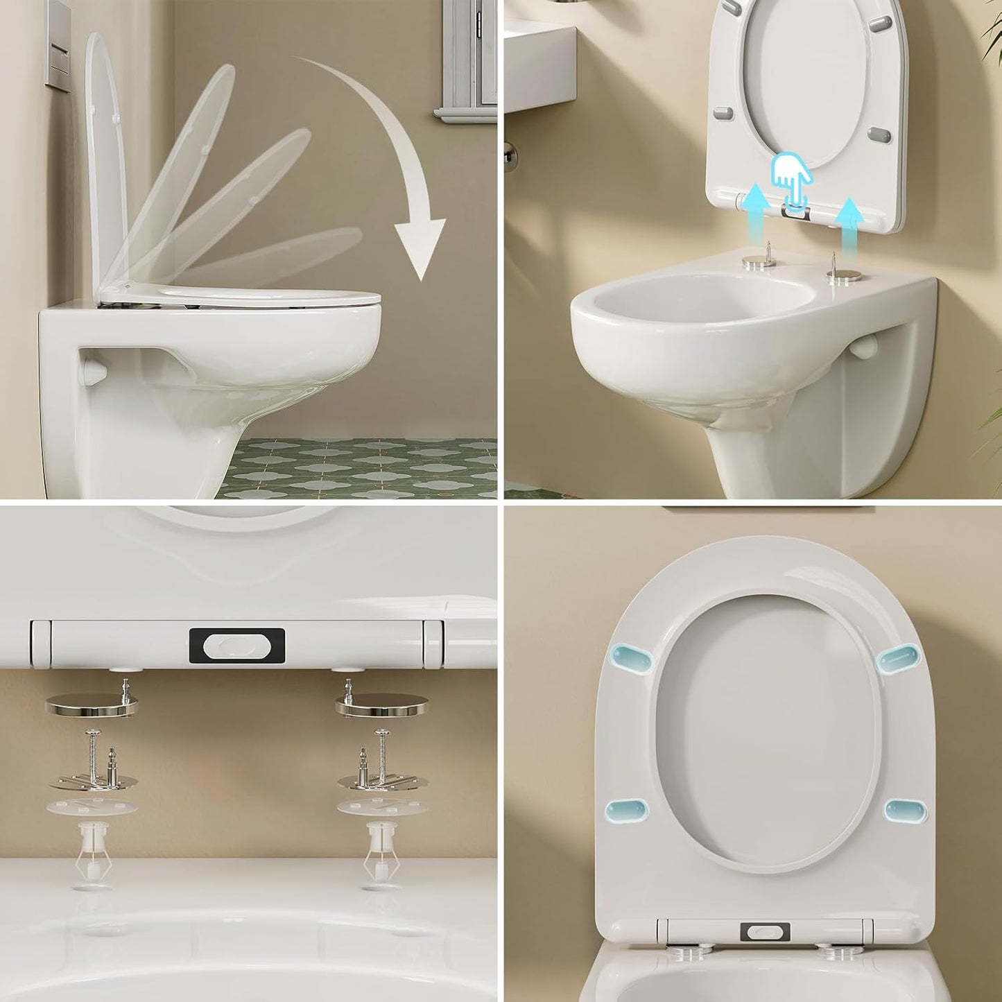 HOROW Wall-Mounted Toilet, Rimless, Toilet Including Toilet Lid with Soft-Close Mechanism, Powerful Flush Washdown Toilets, Toilet Bowl with Nano Coated Glaze, 52.5 x 36 x 36.5 cm