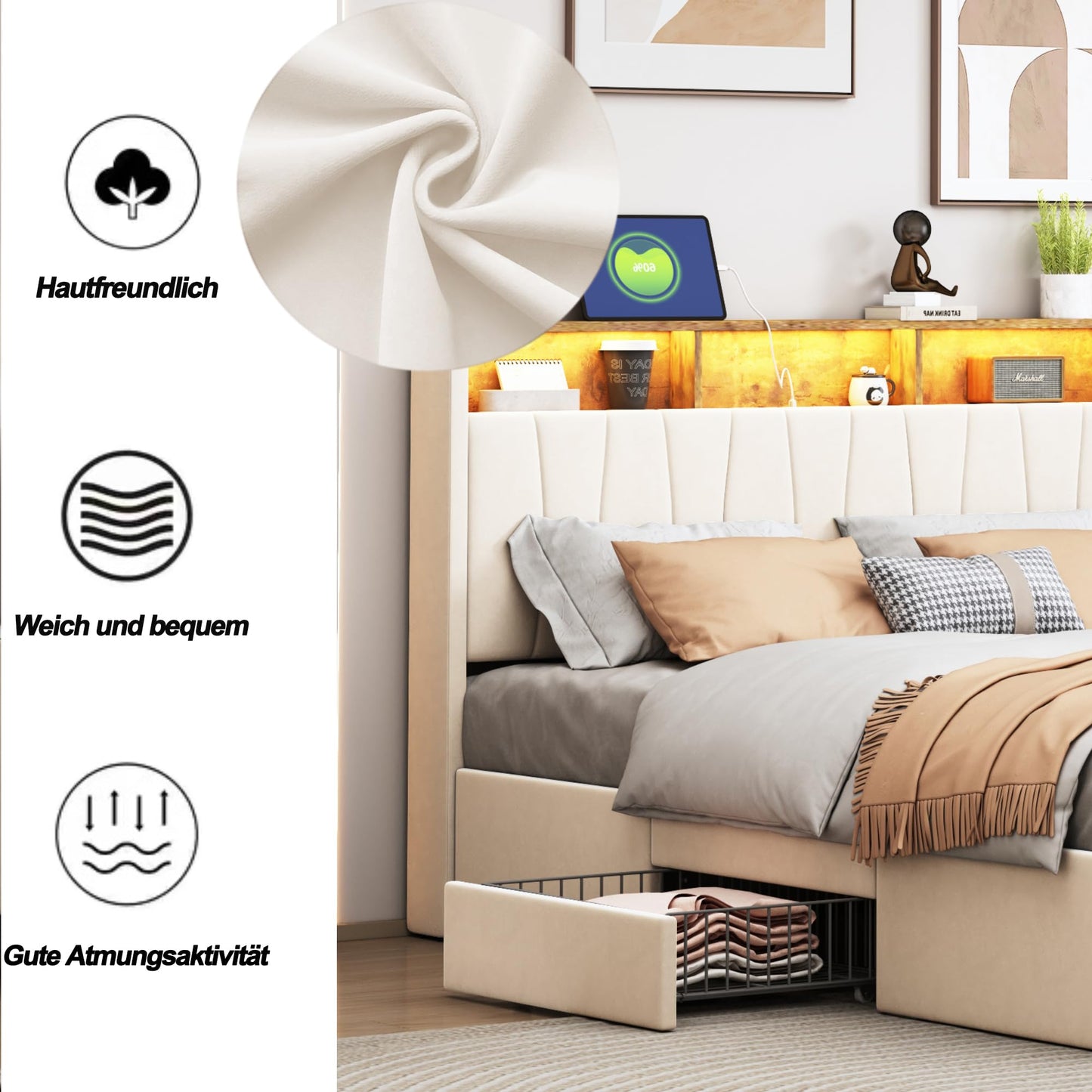 WOBOPCG Upholstered Double Bed 140 x 200, Hydraulic Storage Bed with Slatted Bases, Double Bed with Storage Space, Functional Bed with Storage Space (Grey + Flannel, 140 x 200)