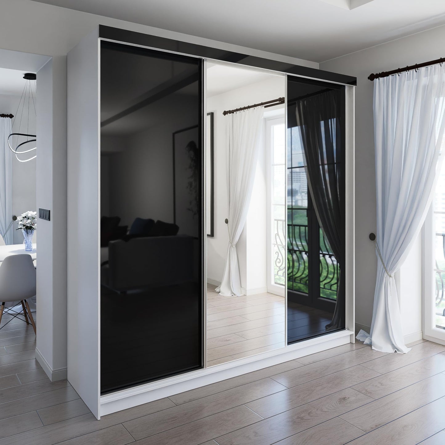 Marlux-Meble Two-Door Wardrobe 230 cm Wide with Floating and Sliding Doors Corner Wardrobe Bedroom Cabinet Hallway Cabinet System Cabinet High Gloss Cabinet