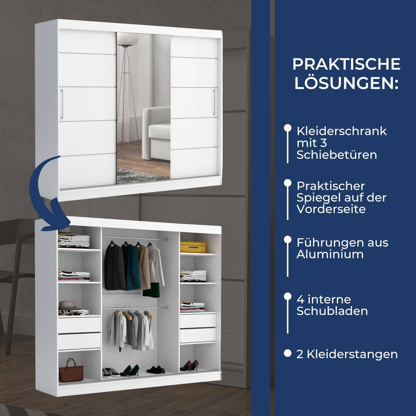 Brent - Kleiderschrank mit Spiegel und Schubladen 200cm Breit Chelsea Tomy, Schwebetürenschrank mit Spiegel, Schlafzimmerschrank, Kleiderschrank Schwarz/Wotan Eiche