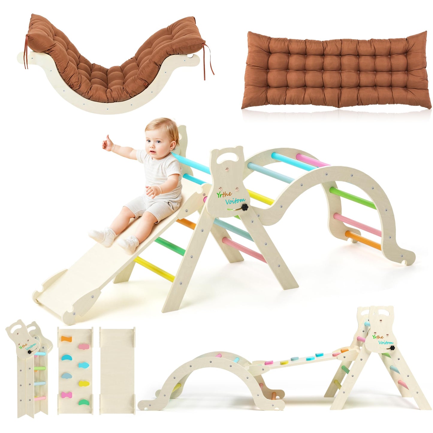 Yrthe Voitom Climbing Frame Indoor Gifts Boys Girls Montessori Toy from 1.5 2 3 4 + Years, Upgrade 7-in-1 Climbing Triangle with Slide, Climbing Arch, Cushion, Climbing Wall, Rainbow