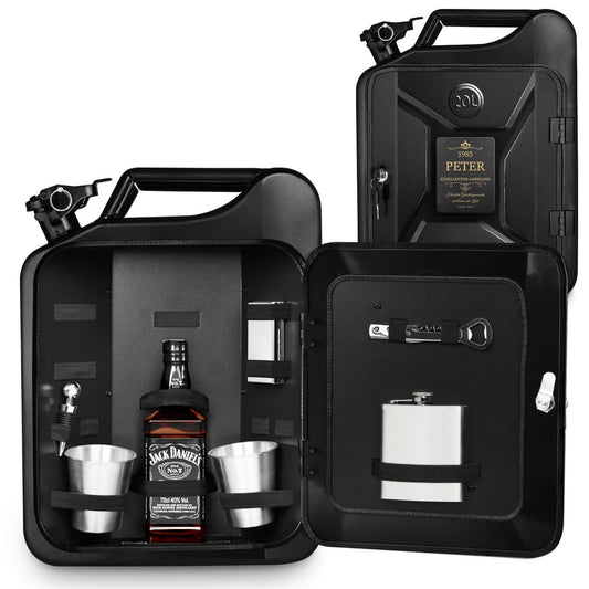 Maverton 20L Kanister Mini Bar mit Gravur - Jerrycan schwarzer Metall Mobile Bar - Geburtstagsgeschenk für Männer personalisierte Geschenke für Männer - Abschließbarer Minibar - Größe: 36x47x18cm