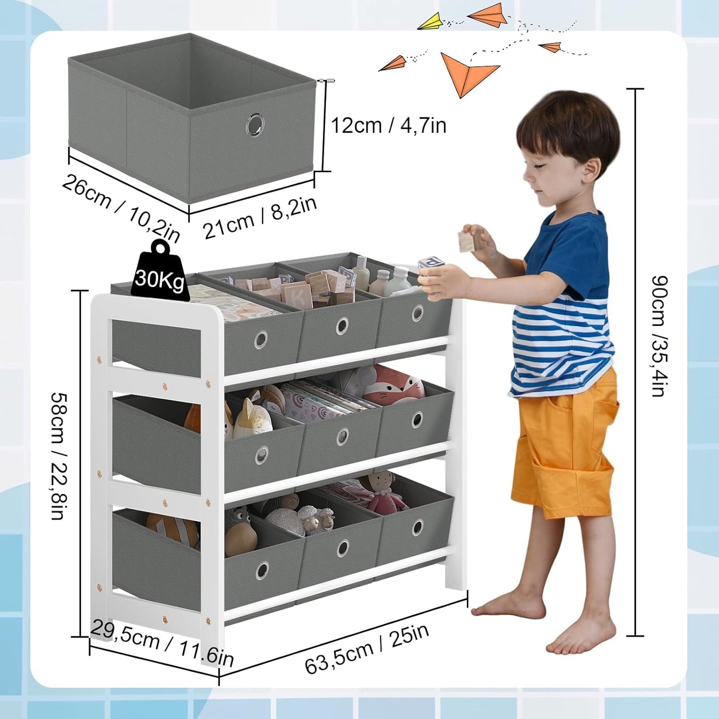 Lestarain Children's Shelf with 9 Boxes, Children's Bookcase, Toy Storage, Montessori Toy Shelf, Children's Room, Playroom, Nursery, 63.5 x 58 x 29.5 cm, Wood, White Grey