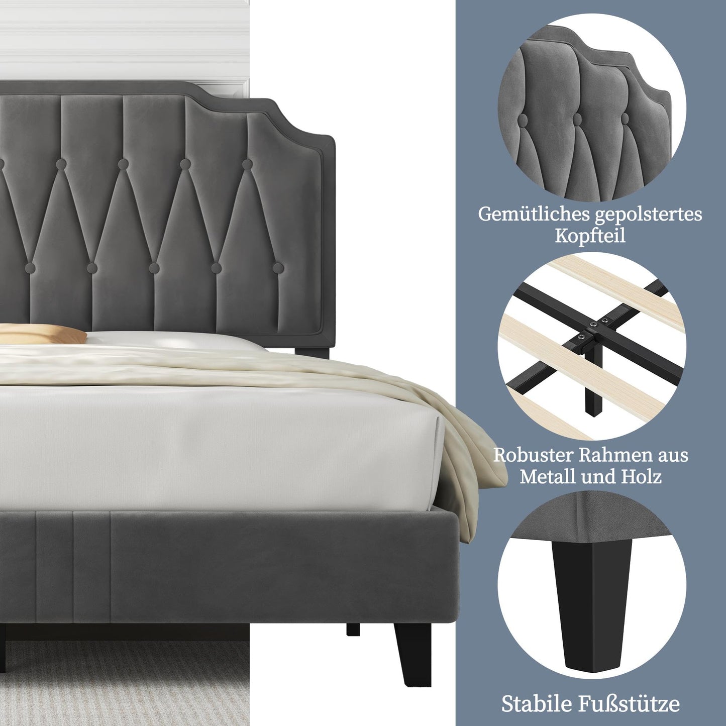 Yaheetech Upholstered Double Bed 140 x 200 cm Fabric Bed Youth Bed Padded Bed with Height-Adjustable Headboard Bed Frame with Slatted Frame, Dark Grey