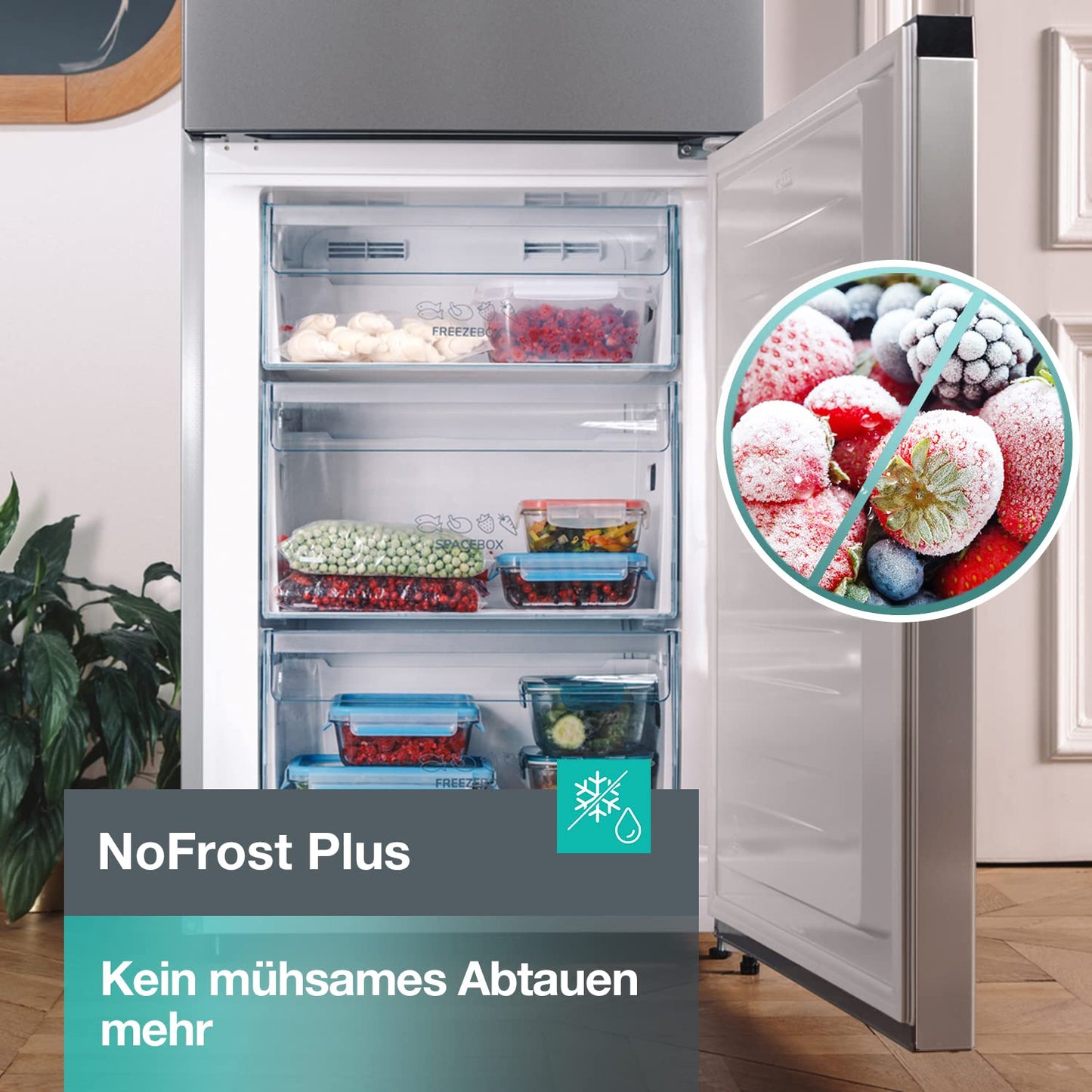 Gorenje N 619EAW4 Fridge-Freezer Combination, LED Display, 186 cm, 300 L, NoFrostPlus, Vegetable Compartment with Moisture Control, FastFreeze, White