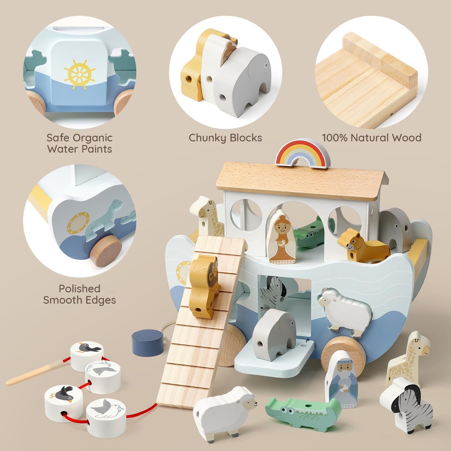Joyreal Arche Noah Holz - Taufgeschenke für Mädchen Jungen Kinder, Geschenk Taufe, Montessori Spielzeug Lernspielzeug mit Bauernhof Spielzeug Sortier Stapel