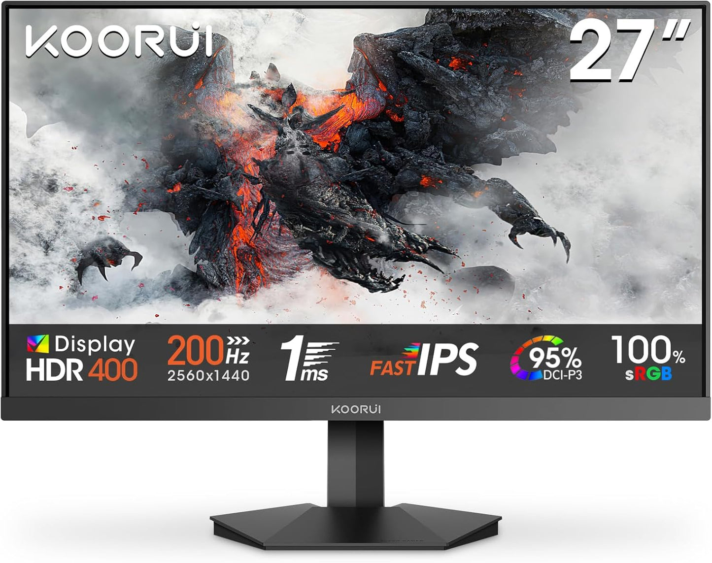 KOORUI Gaming Monitor 24 Inches, 200Hz PC Screen FHD 1920 x 1080 Fast IPS HDR400, Adaptive Sync 1ms, HDMI 2.0 & DP 1.4, VESA 75 x 75 mm-G2411P