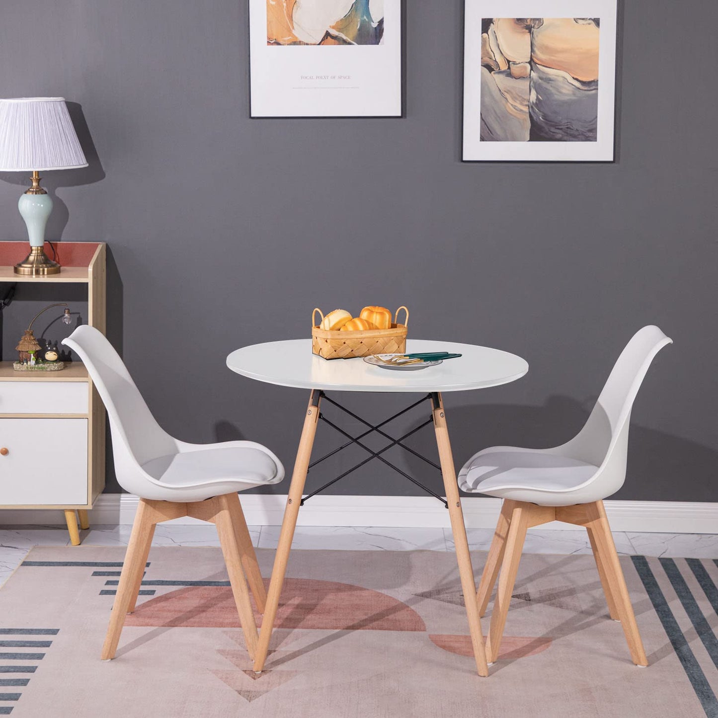 FURNITABLE Round Dining Room Table with 4 White Chairs Dining Room Set for Dining Room Kitchen Living Room