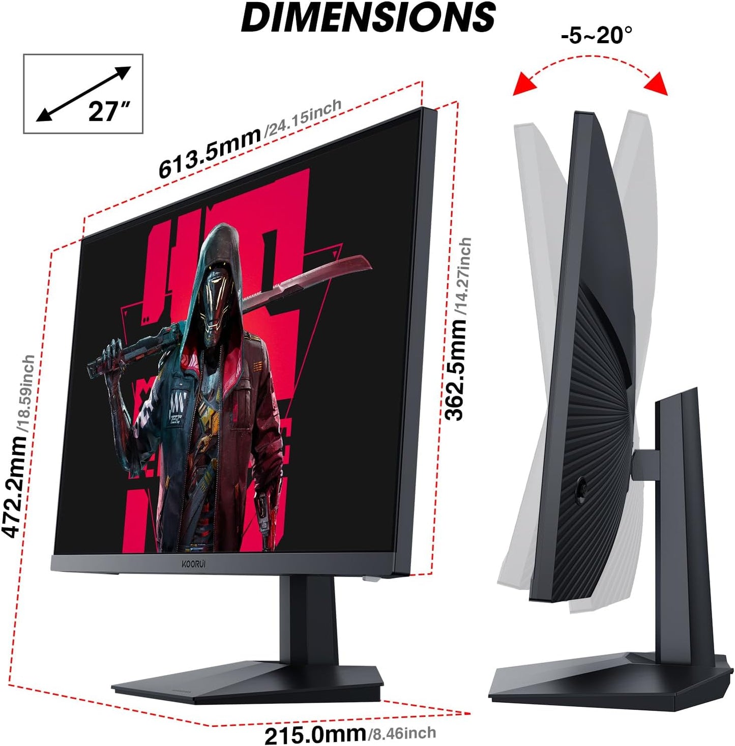 KOORUI Gaming Monitor 27 Zoll, Full HD Rahmenlos Bildschirm 165Hz Adaptive Sync (1ms, VA-Panel, Eye-Care, 1920 x 1080, 2xHDMI 2.0, & DisplayPort 1.4, VESA 75x75mm, DCI-P3 90%)