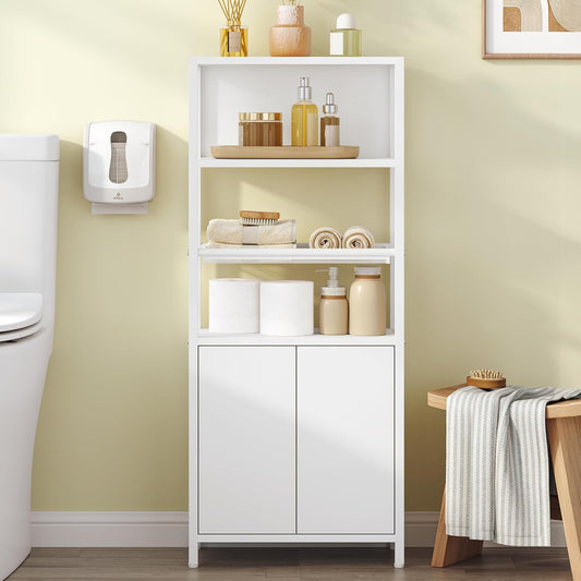 Hzuaneri BC42903W Bathroom Cabinet with 2 Doors & Open Shelf, Kitchen Cabinet, Ventilated Metal Mesh Shelf, Adjustable Shelf, for Bathroom, Living Room, 20 x 38 x 90 cm, White