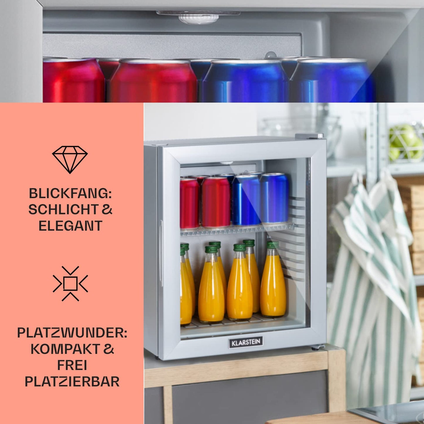 Klarstein Kühlschrank, Mini Kühlschrank mit Glastüre, Mini-Kühlschrank für Getränke, Snacks & Kosmetik, Kühlschrank Klein & Leise, Verstellbare Ablagen, Kleiner Skincare Kühlschrank 12-18°C, 23L
