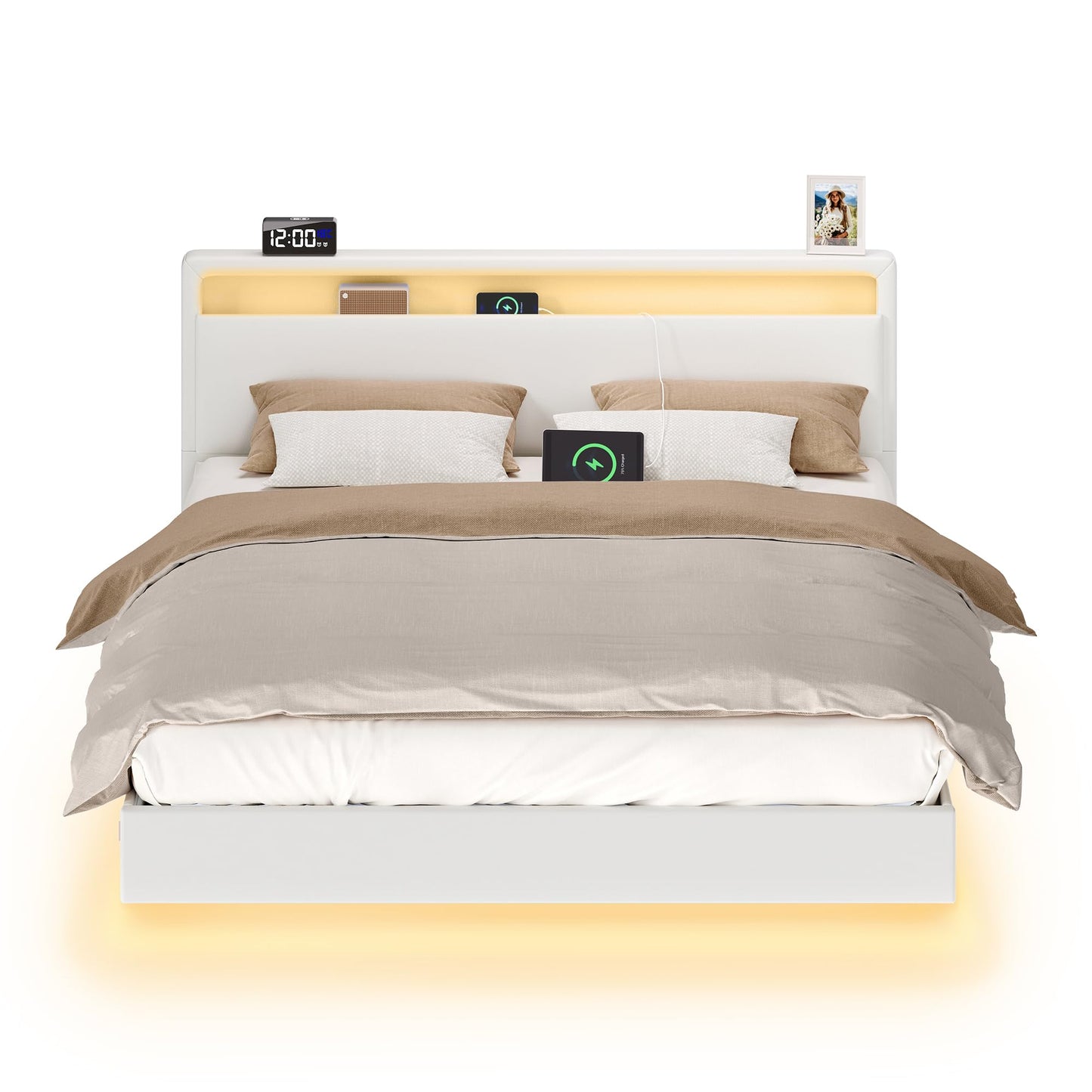 VASAGLE Double Bed Frame 140 x 200 cm Floating Visual Effect Bed with LED Lighting High Headboard Charging Station Modern Cloud White RMB864W01